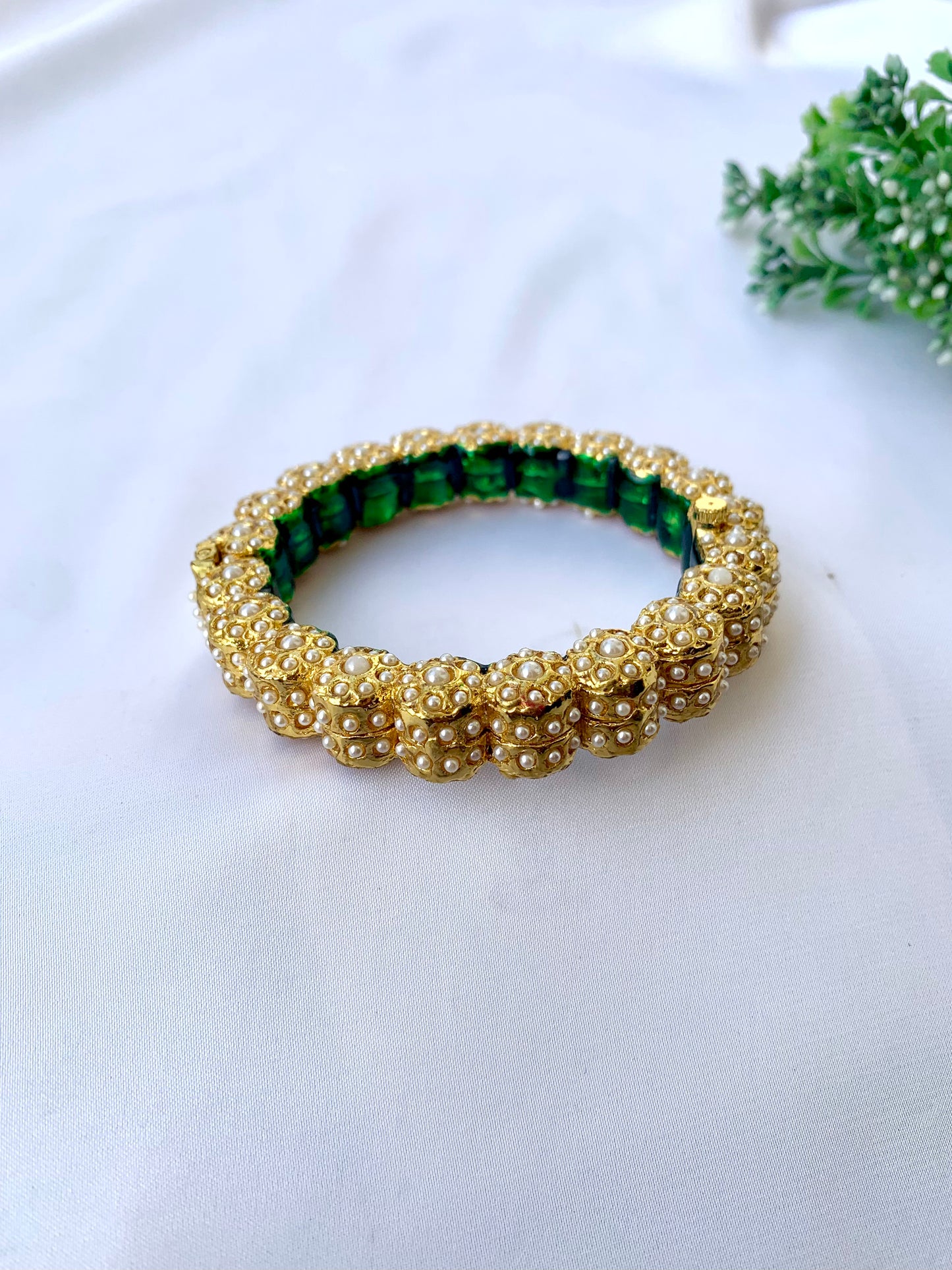 Green and gold openable bangle with semi-precious pearls and hand-painted Meena by Zamal Jewels