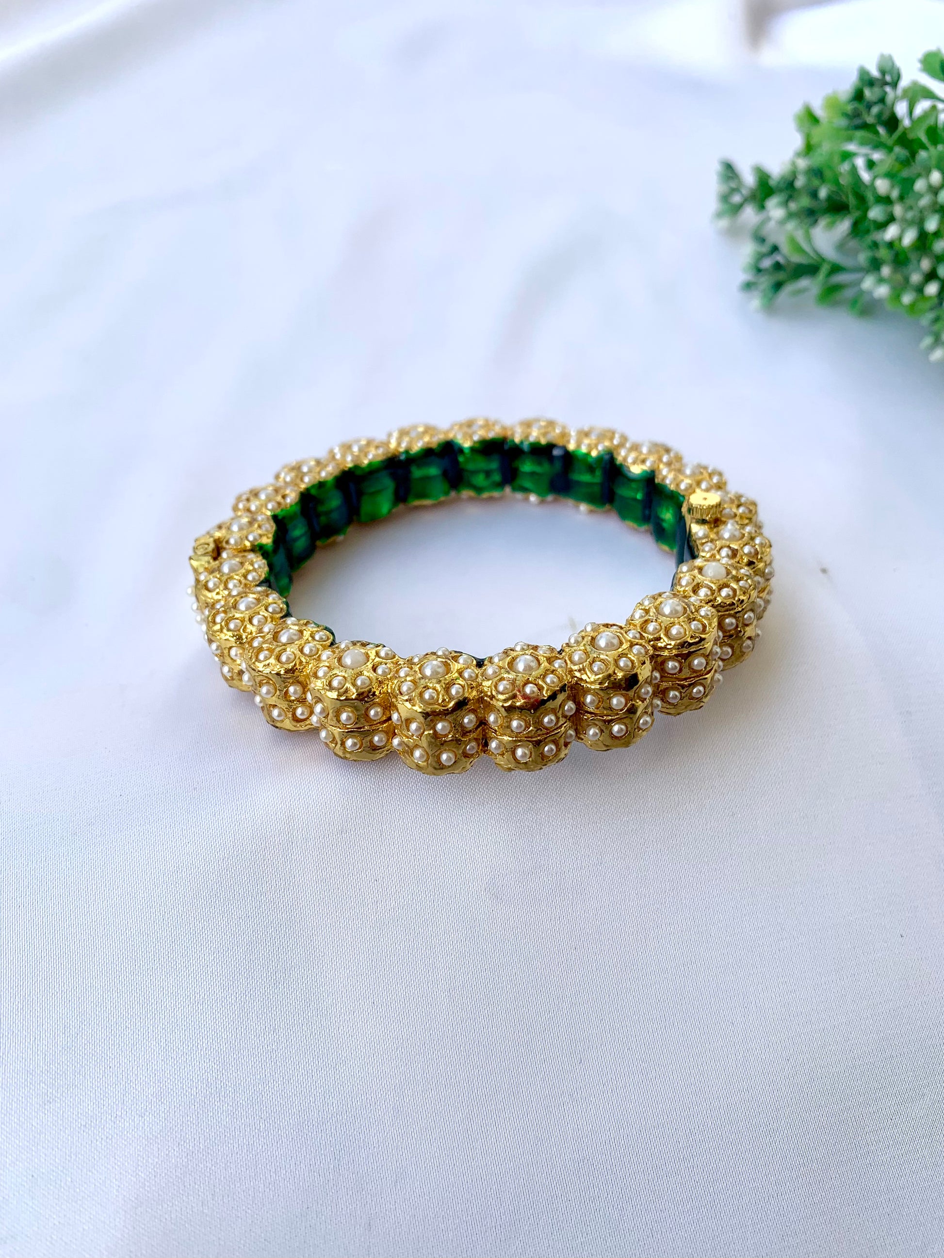 Green and gold openable bangle with semi-precious pearls and hand-painted Meena by Zamal Jewels