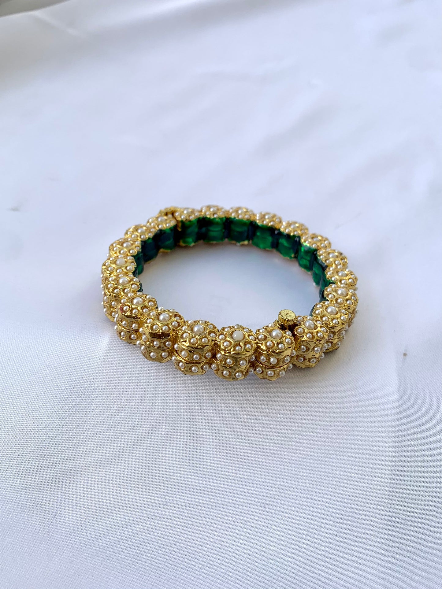 Green and gold openable bangle with semi-precious pearls and hand-painted Meena by Zamal Jewels