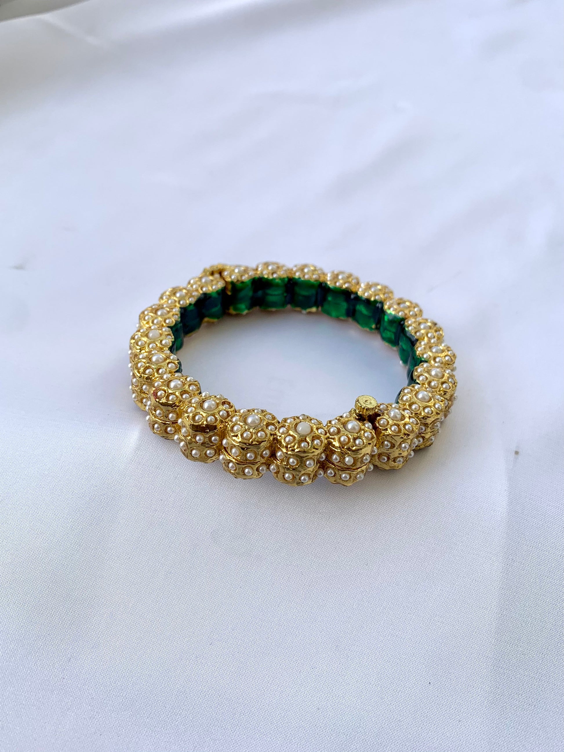 Green and gold openable bangle with semi-precious pearls and hand-painted Meena by Zamal Jewels