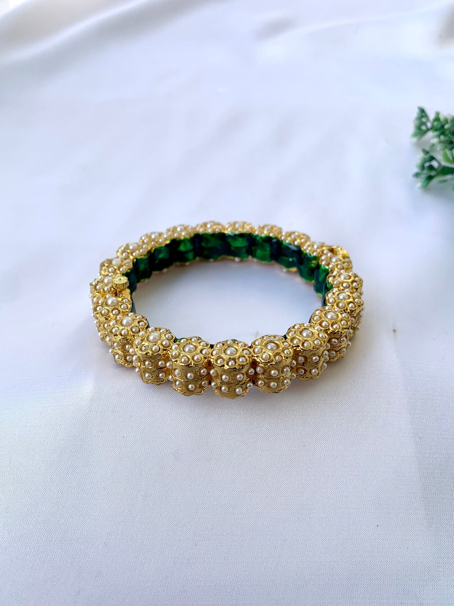 Green and gold openable bangle with semi-precious pearls and hand-painted Meena by Zamal Jewels