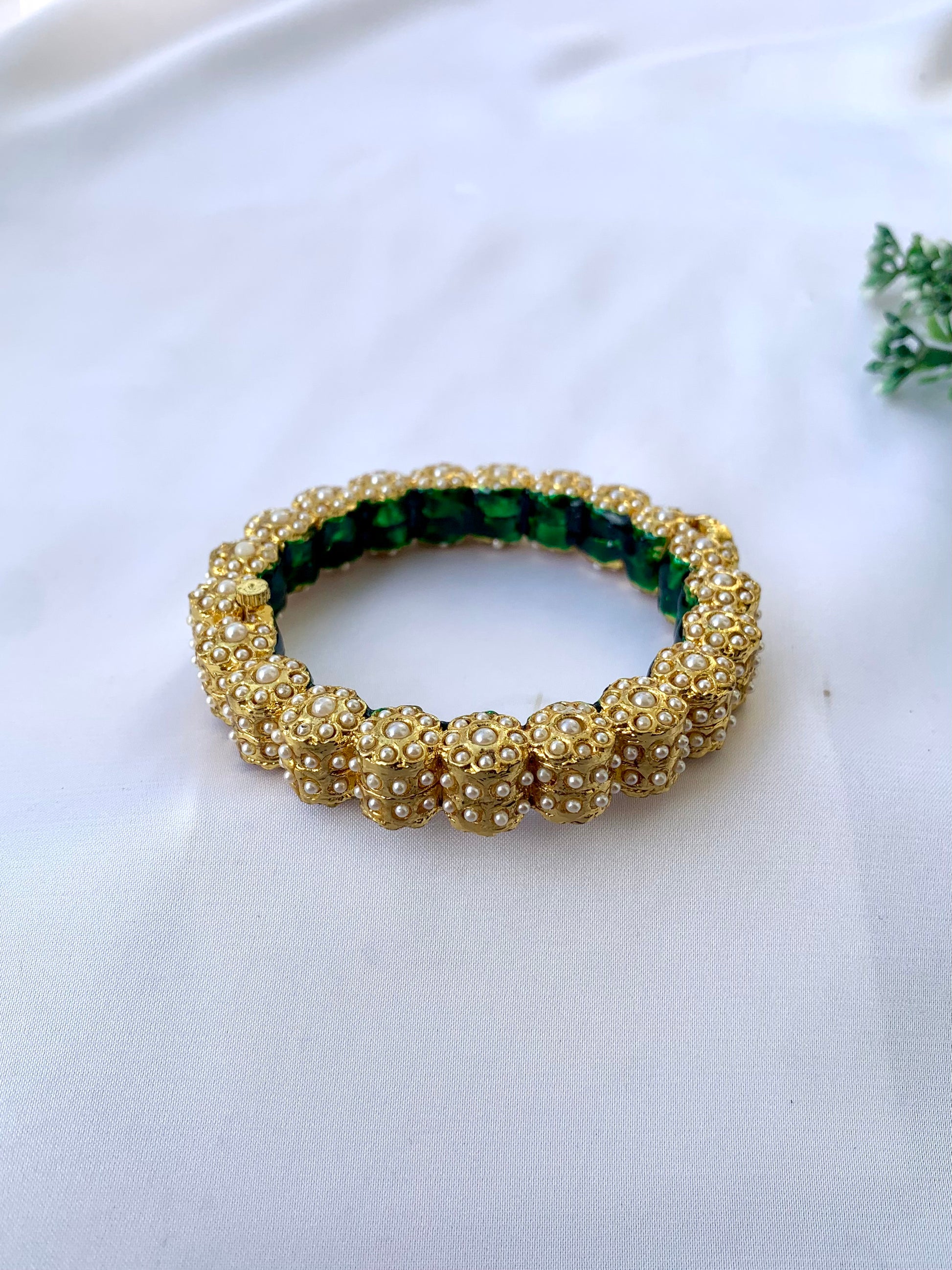 Green and gold openable bangle with semi-precious pearls and hand-painted Meena by Zamal Jewels