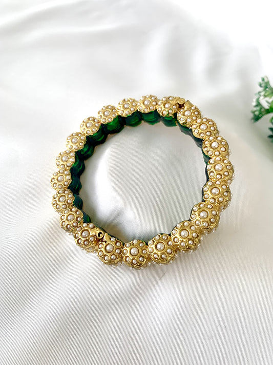 Green and gold openable bangle with semi-precious pearls and hand-painted Meena by Zamal Jewels