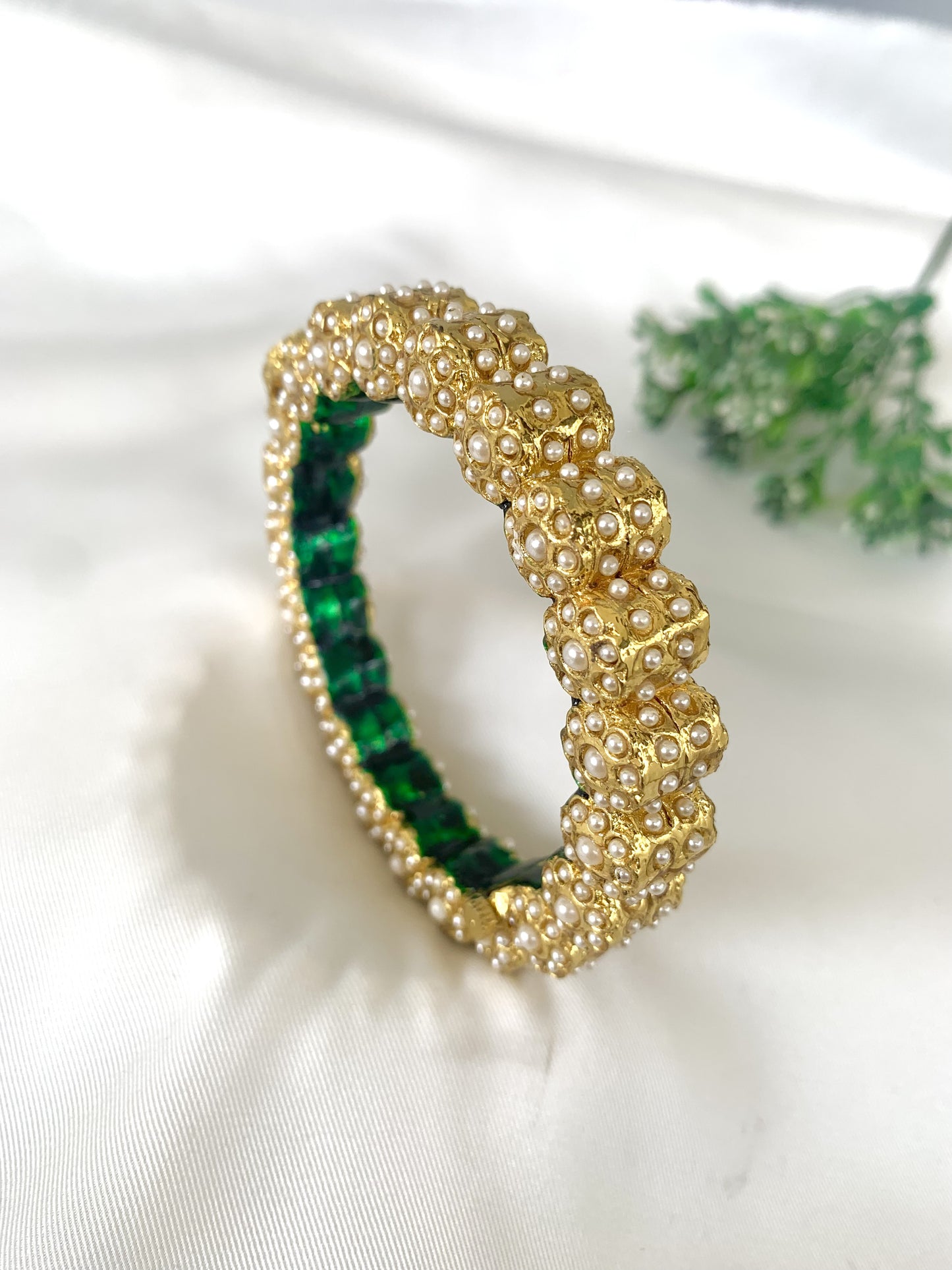 Green and gold openable bangle with semi-precious pearls and hand-painted Meena by Zamal Jewels