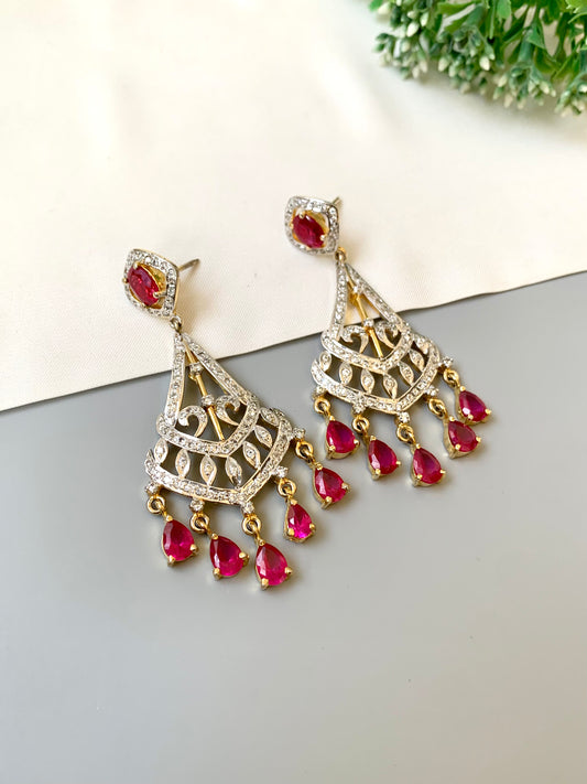 Hand crafted ruby chandelier dangler earrings with 22kt gold plating and American diamonds