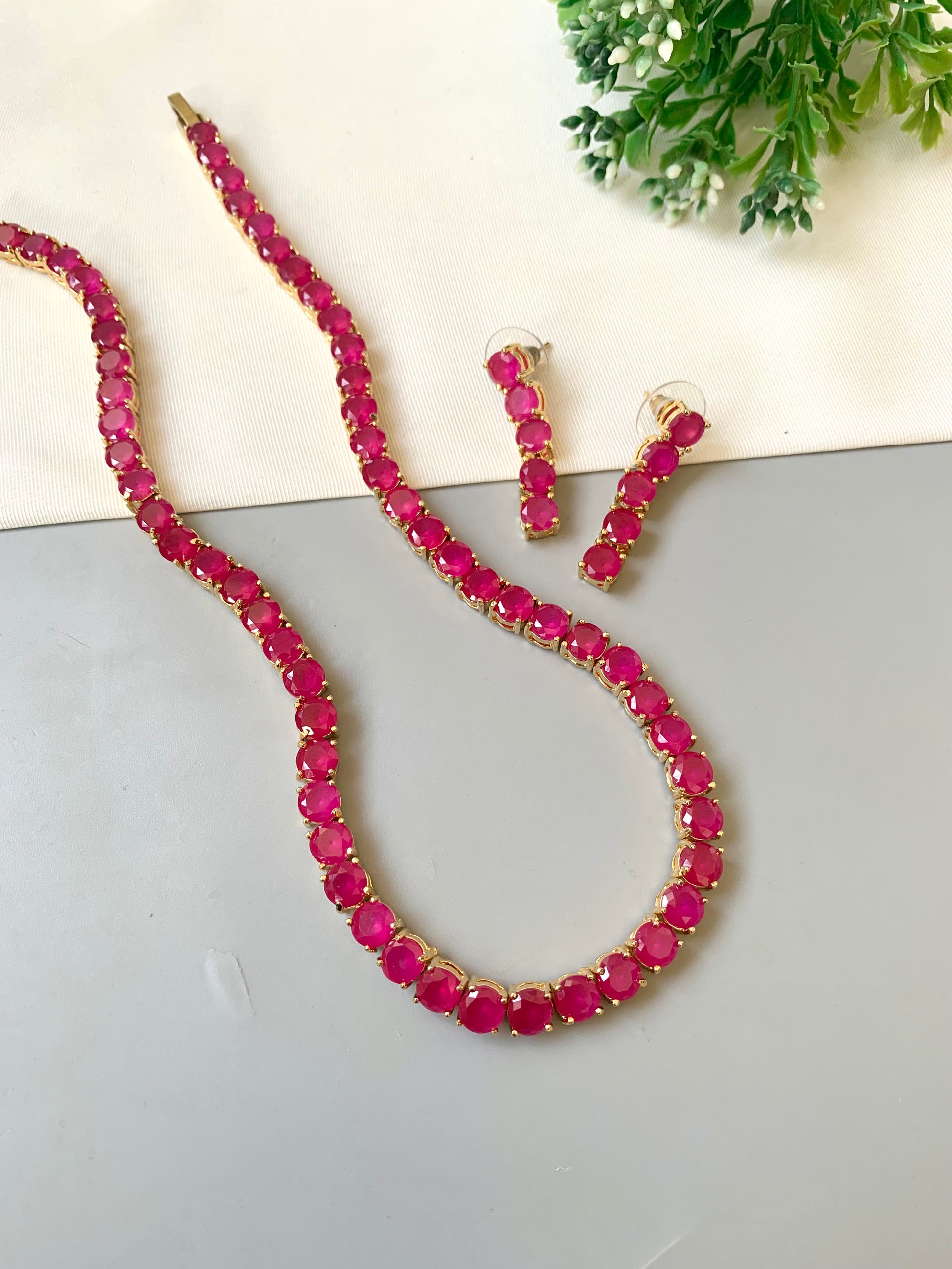 22kt gold plated ruby line necklace with semi precious rubies
