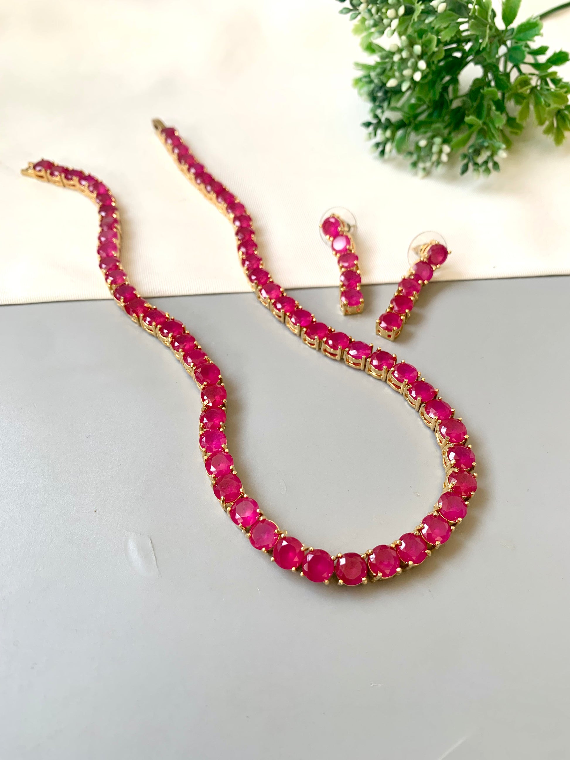 22kt gold plated ruby line necklace with semi precious rubies