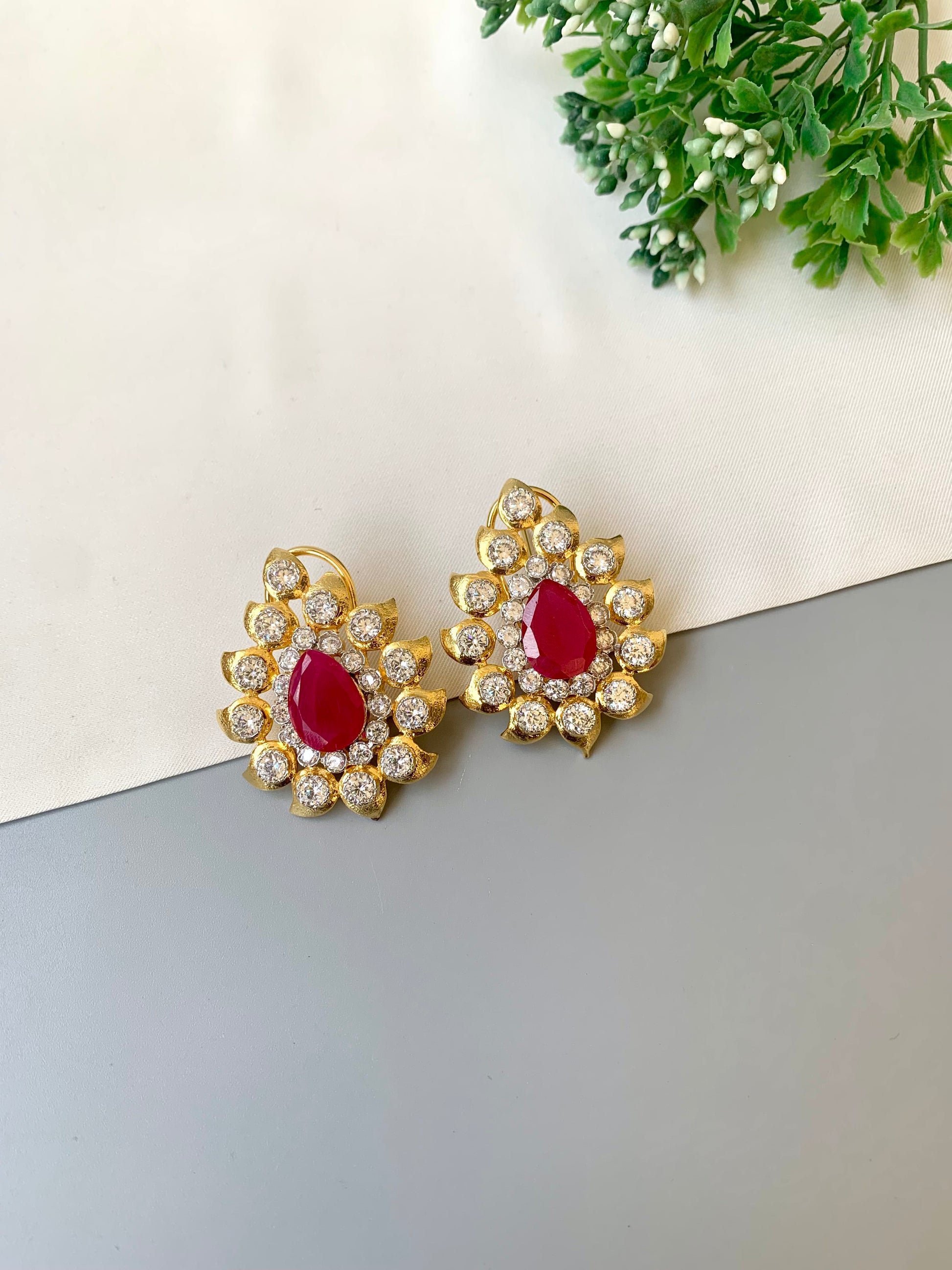 22kt gold plated ruby and American diamond handcrafted studs by Zamal