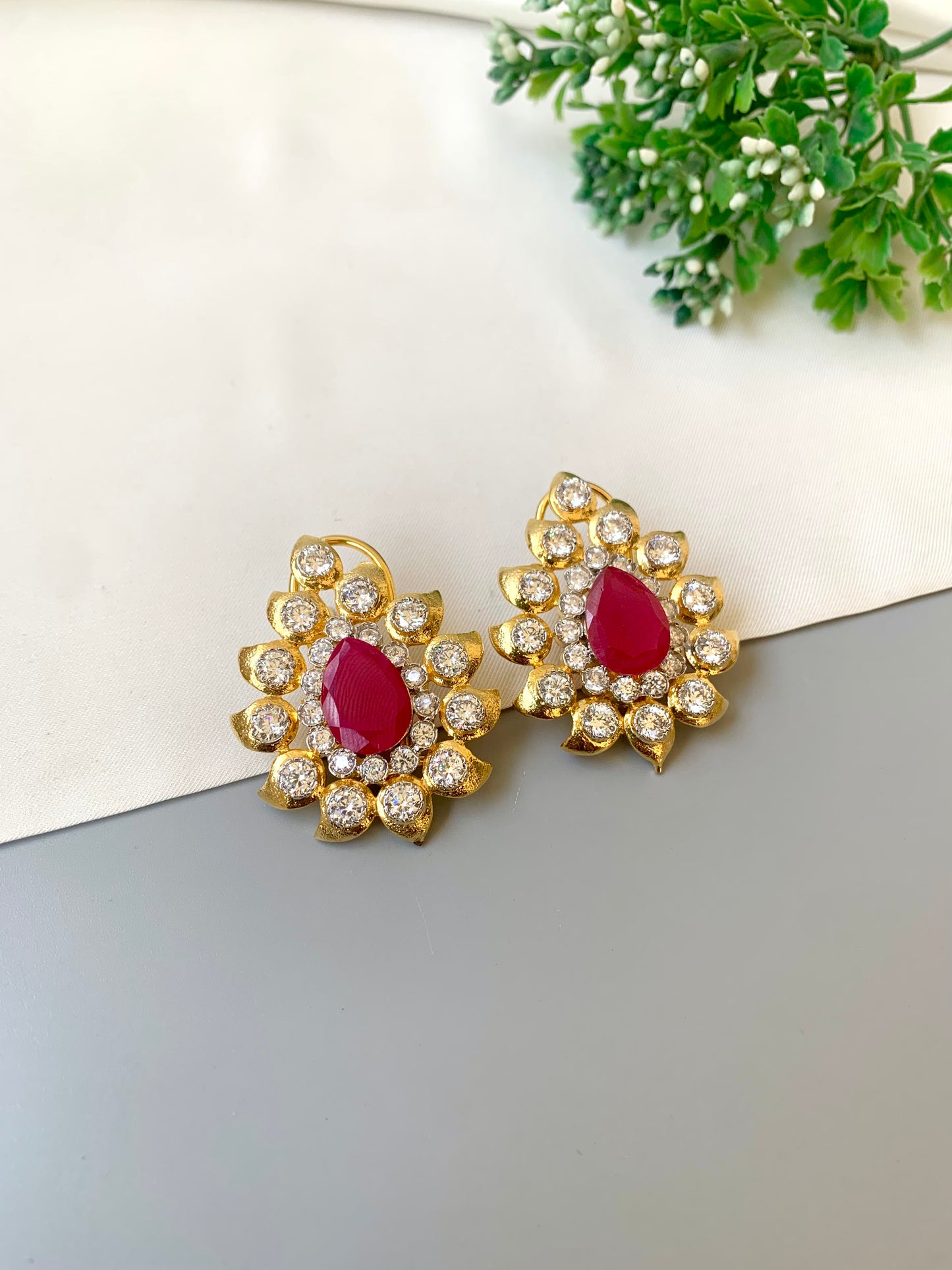 22kt gold plated ruby and American diamond handcrafted studs by Zamal