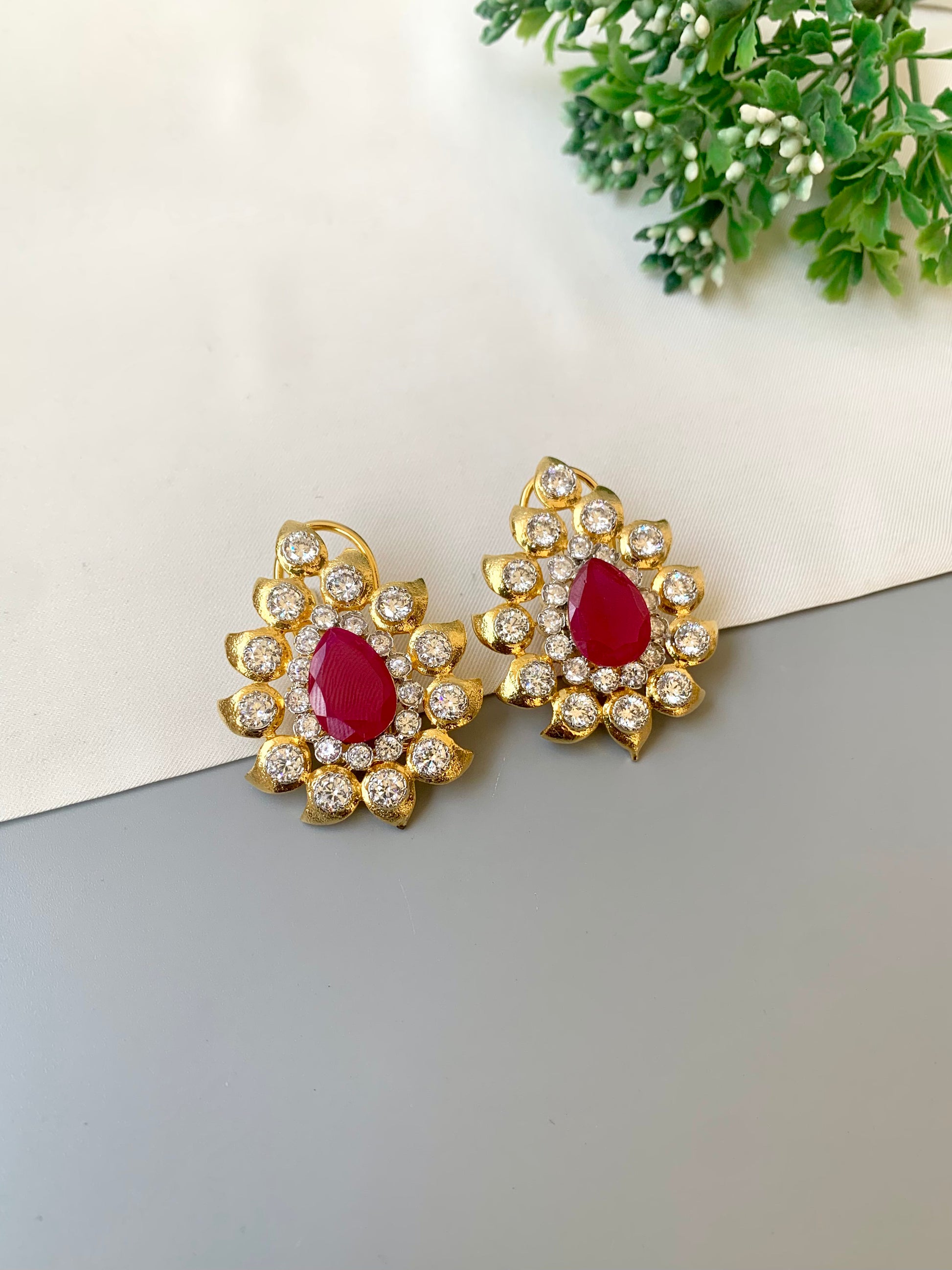 22kt gold plated ruby and American diamond handcrafted studs by Zamal