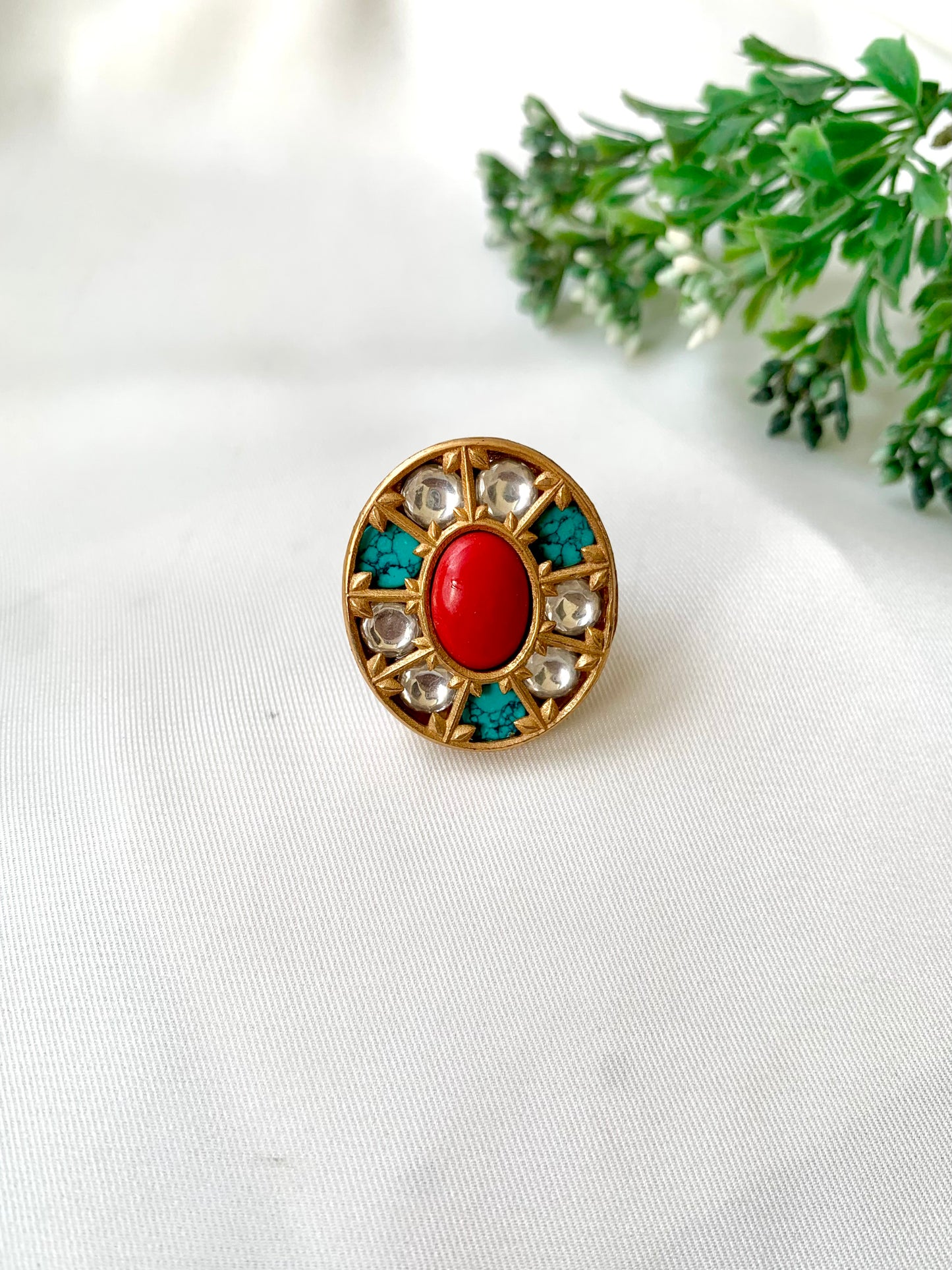 Handcrafted Sehar Coral Feroza Ring with Moissanite Kundan, Semi-Precious Coral and Feroza stones in 22kt Victorian gold plating — by Zamal Jewels.