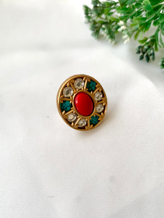 Handcrafted Sehar Coral Feroza Ring with Moissanite Kundan, Semi-Precious Coral and Feroza stones in 22kt Victorian gold plating — by Zamal Jewels.