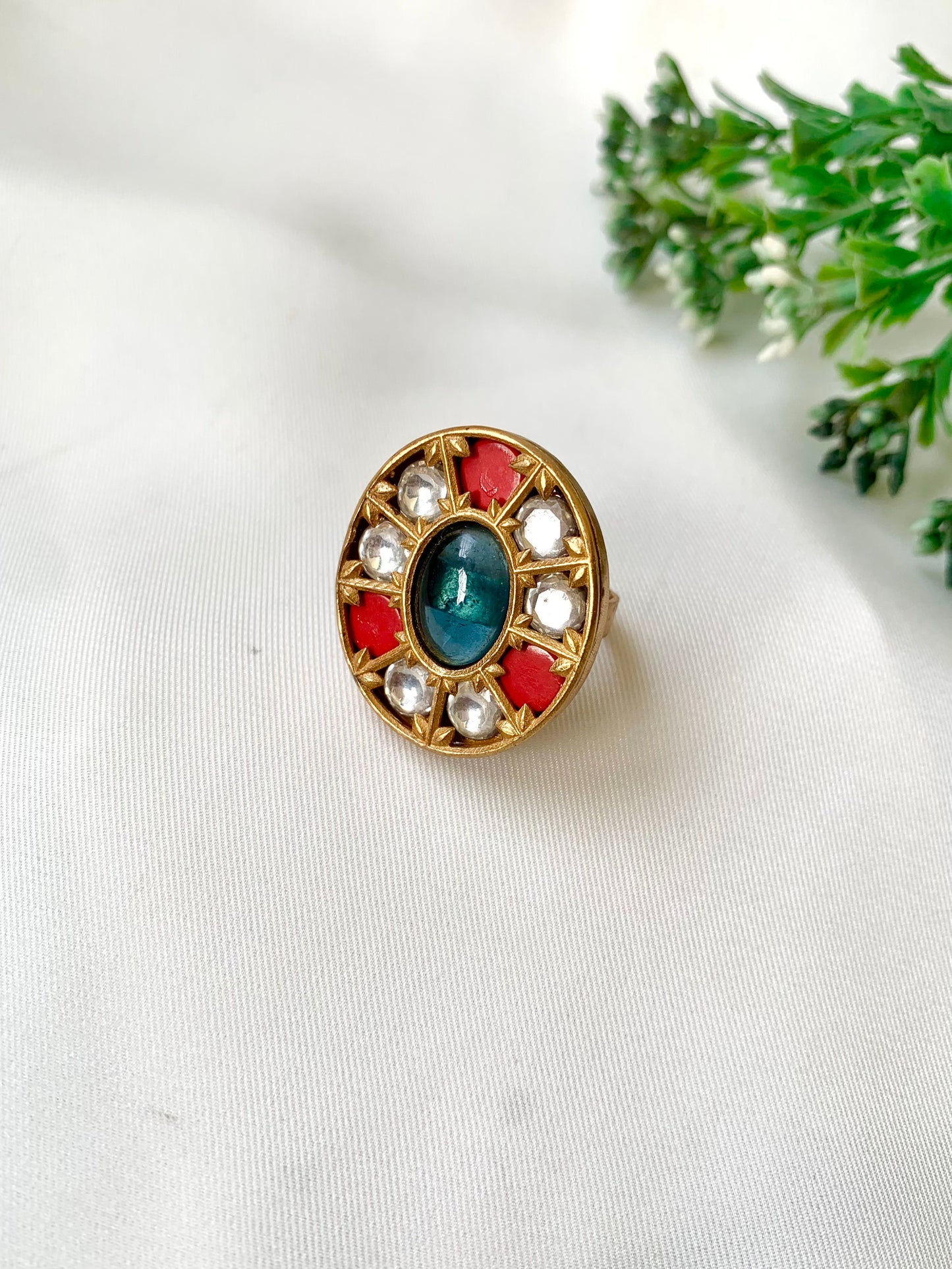 Handcrafted Sehar Sapphire Coral Ring with Moissanite Kundan, Semi-Precious Sapphire, and Coral — adjustable 22kt gold plated by Zamal Jewels.