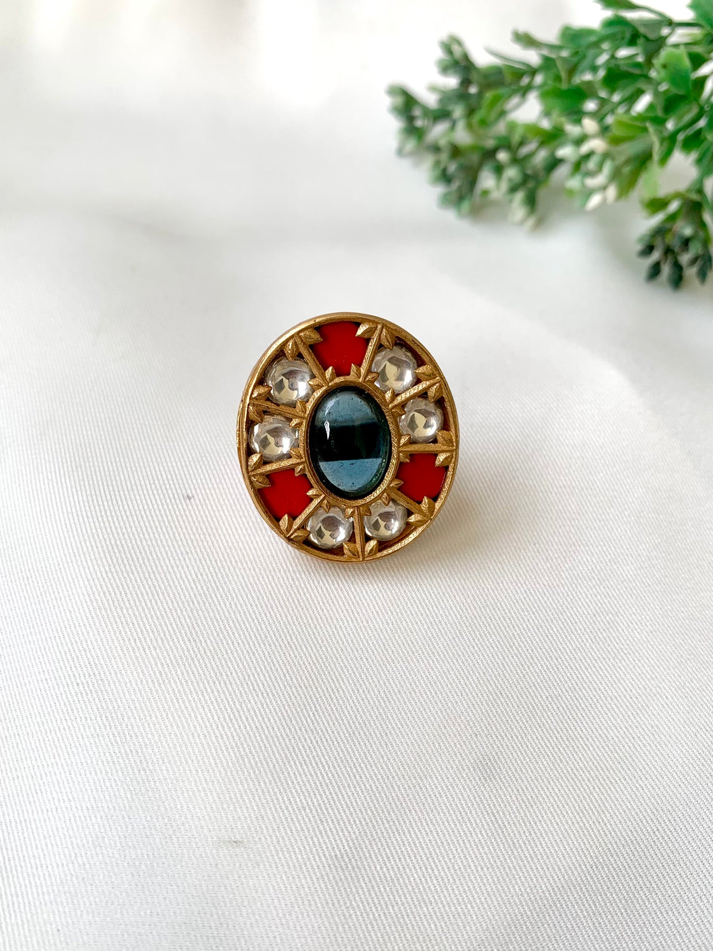 Handcrafted Sehar Sapphire Coral Ring with Moissanite Kundan, Semi-Precious Sapphire, and Coral — adjustable 22kt gold plated by Zamal Jewels.