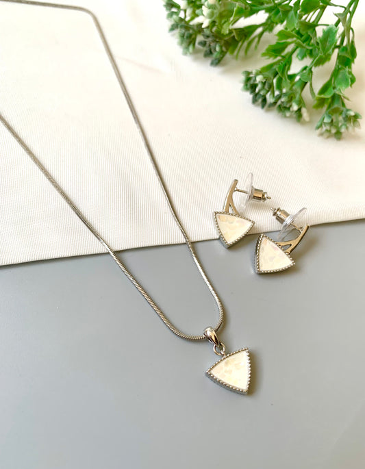 Handcrafted Seren Pendant Set in rhodium plating with real Mother of Pearl — includes chain, pendant, and earrings by Zamal Jewels.