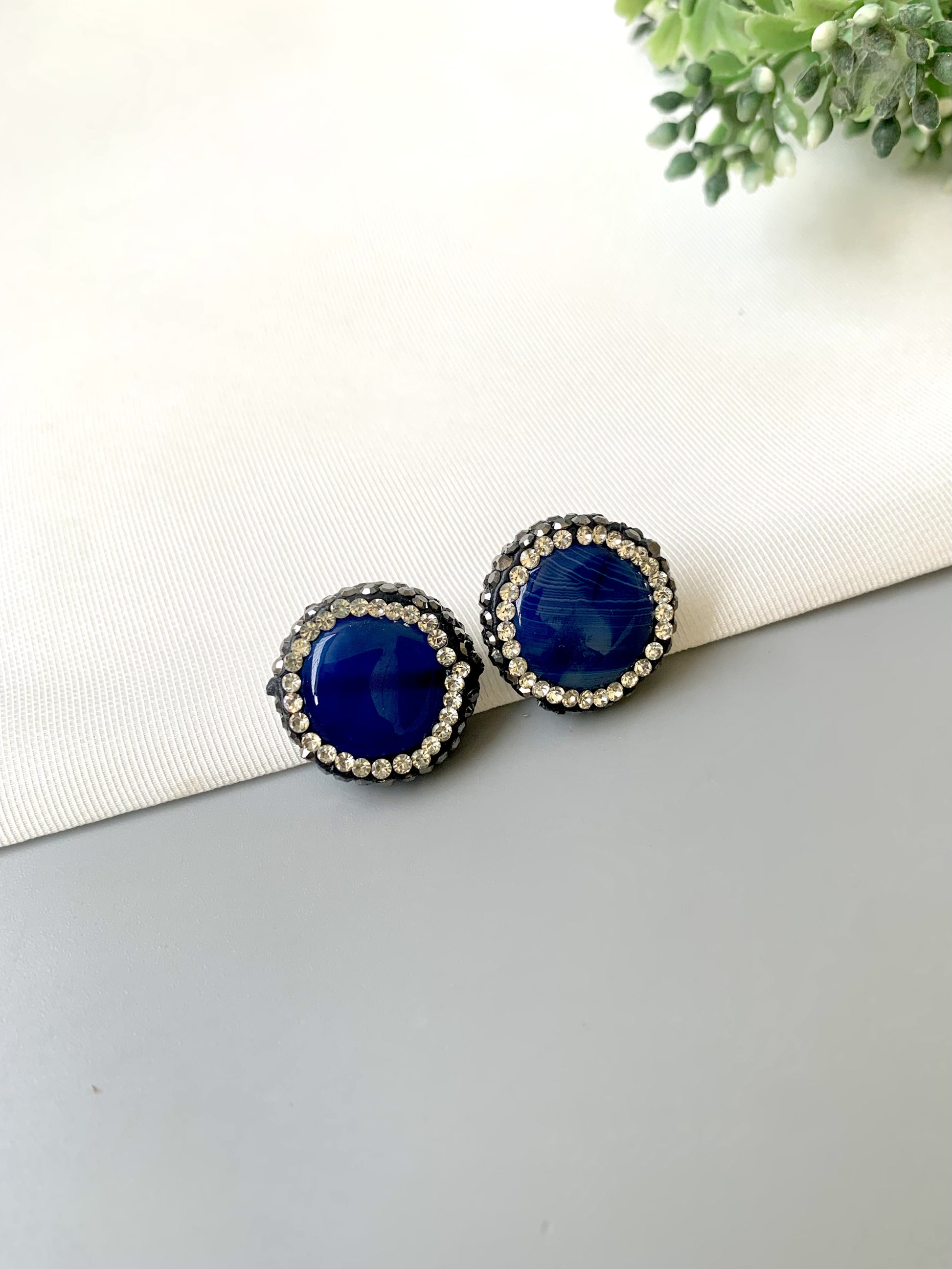 Handcrafted Seren Sapphire Marcasite Studs in rhodium plating with semi-precious sapphire and marcasite stones by Zamal Jewels.