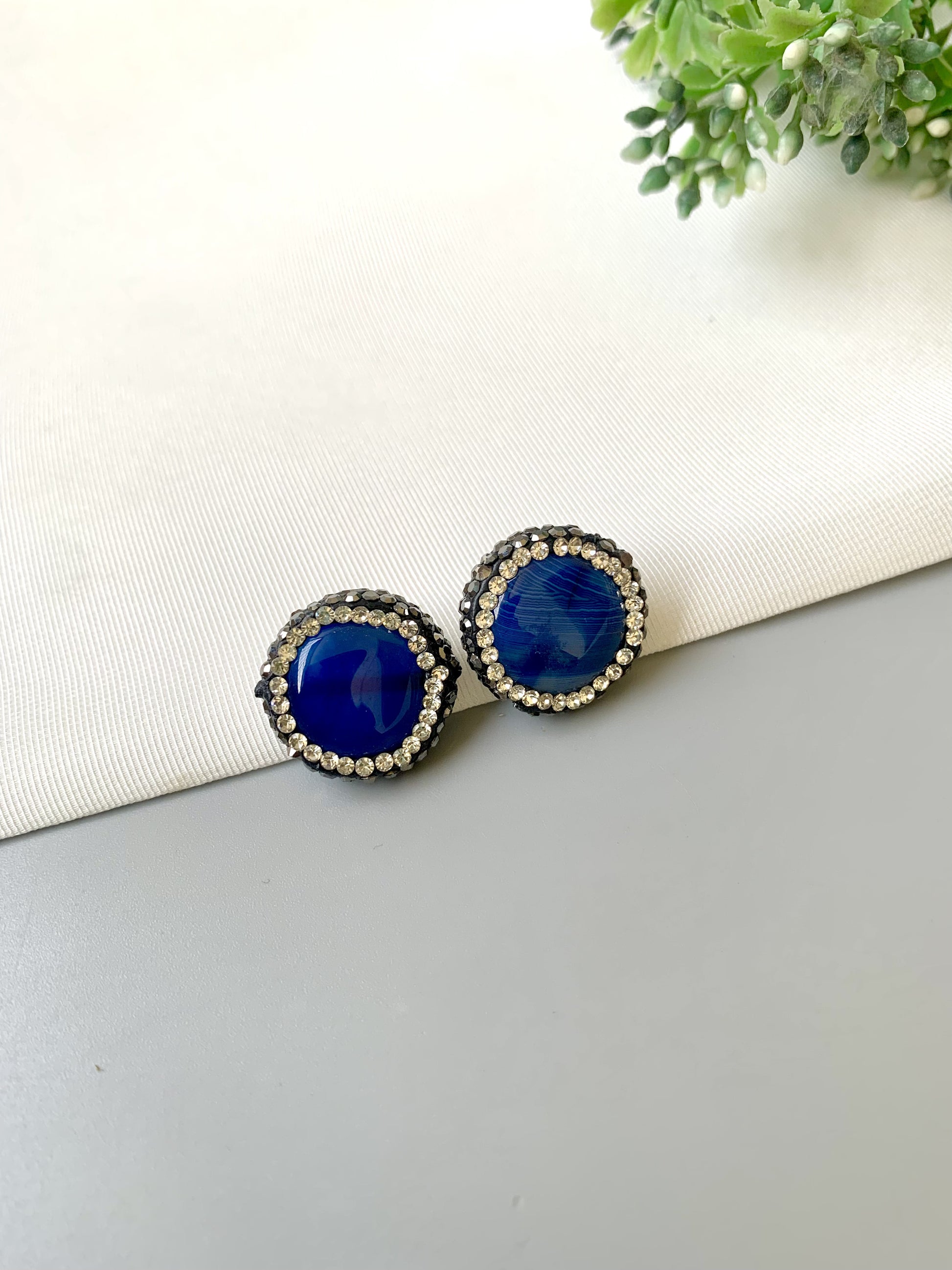 Handcrafted Seren Sapphire Marcasite Studs in rhodium plating with semi-precious sapphire and marcasite stones by Zamal Jewels.