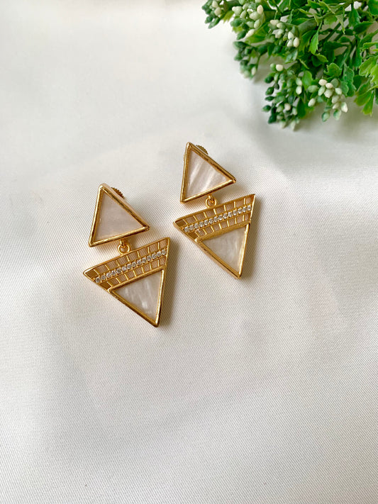 White mother of pearl earrings with American diamonds in 22kt gold plating