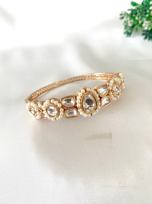 22kt Victorian gold plated openable bangle with Polki Kundan and semi-precious pearls by Zamal Jewels