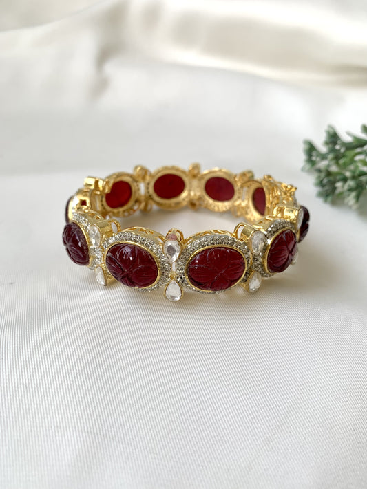 Handcrafted Zahra Bangle in 22kt gold plating with Polki Kundan, Semi-Precious Garnet, and American Diamonds — openable screw bangle by Zamal Jewels.