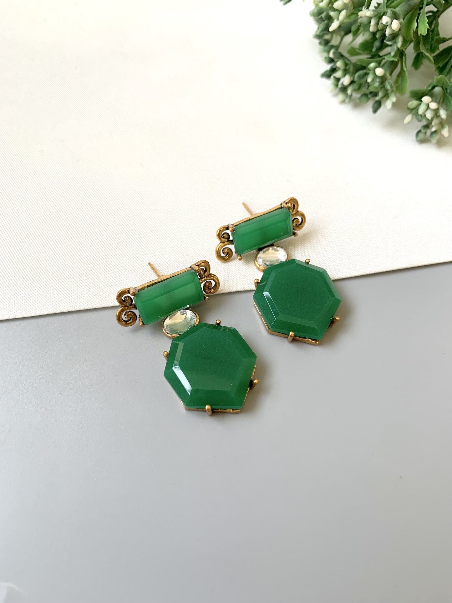 Handcrafted 22kt gold plated emerald kundan drop earrings by Zamal Jewels