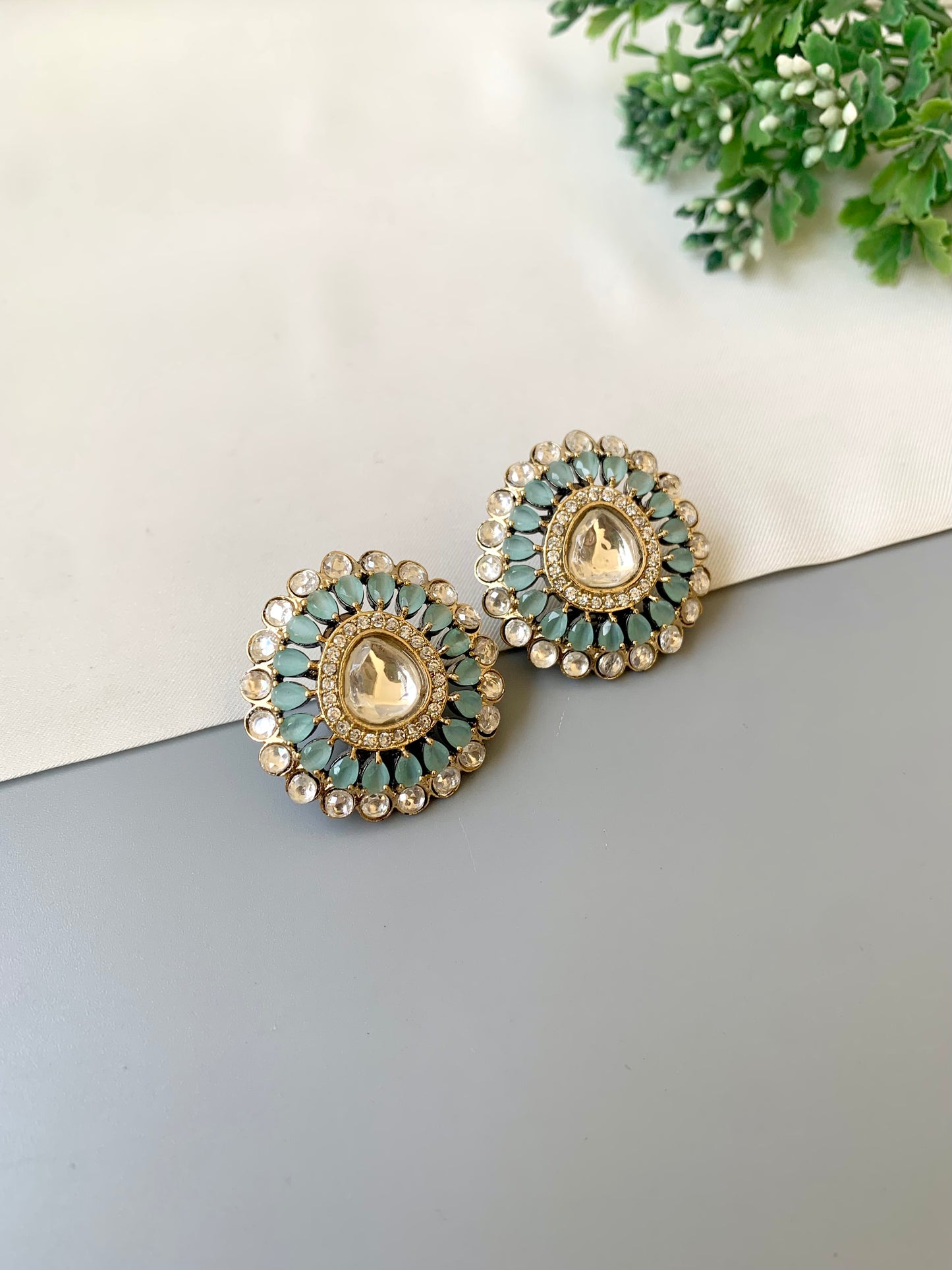Victorian rose gold polished studs with Polki Kundan, American diamonds and onyx by Zamal