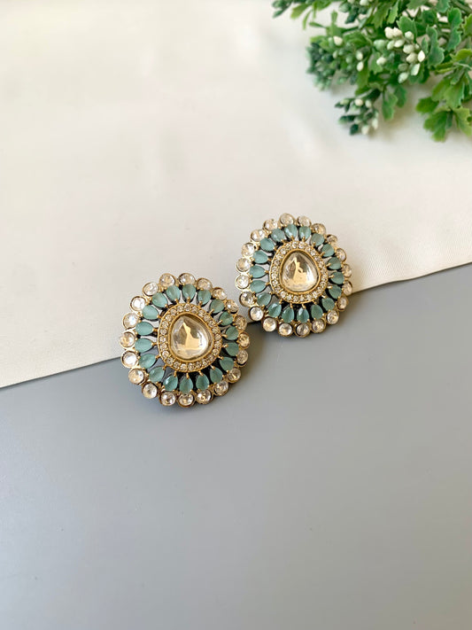 Victorian rose gold polished studs with Polki Kundan, American diamonds and onyx by Zamal