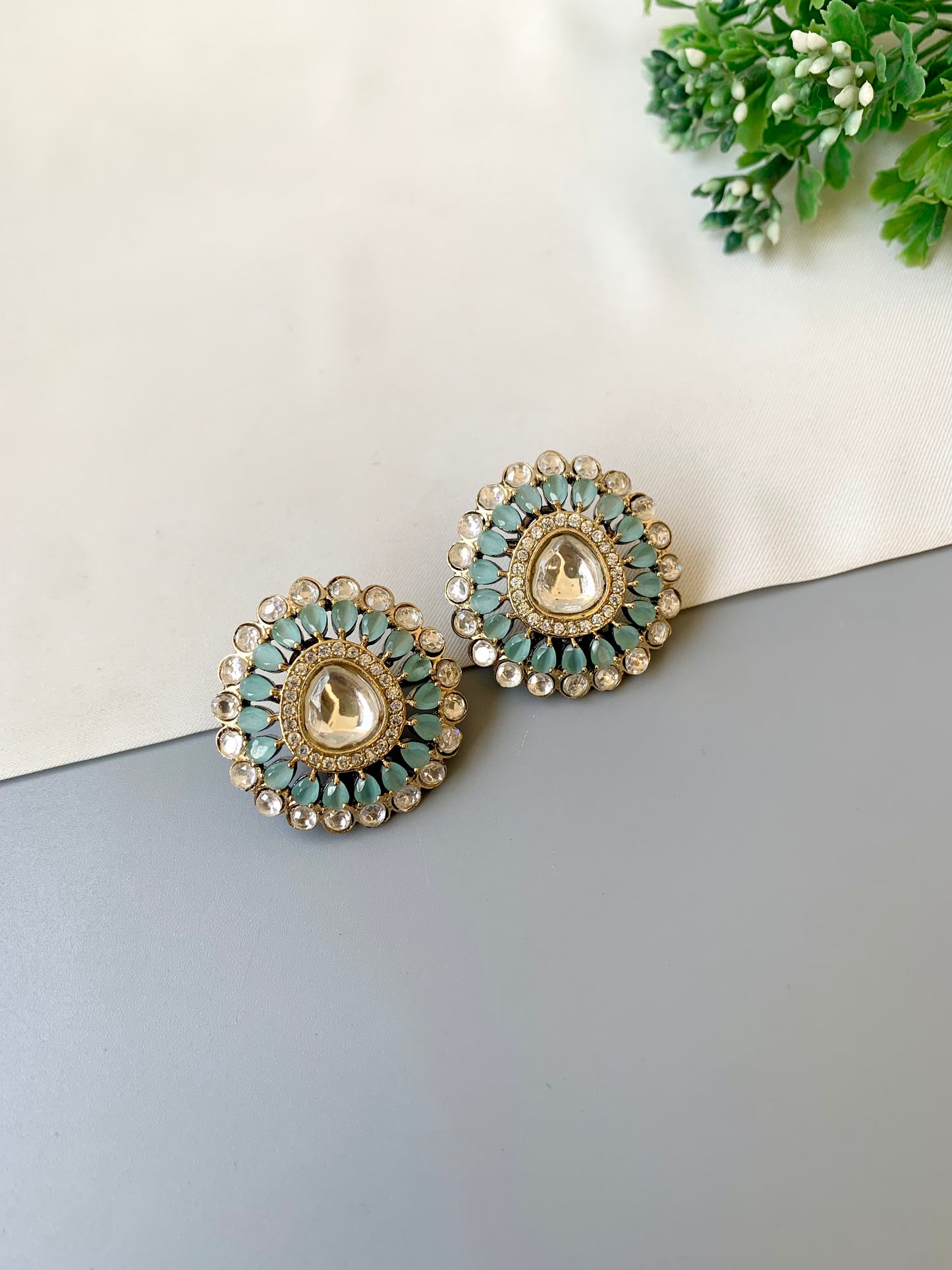 Victorian rose gold polished studs with Polki Kundan, American diamonds and onyx by Zamal