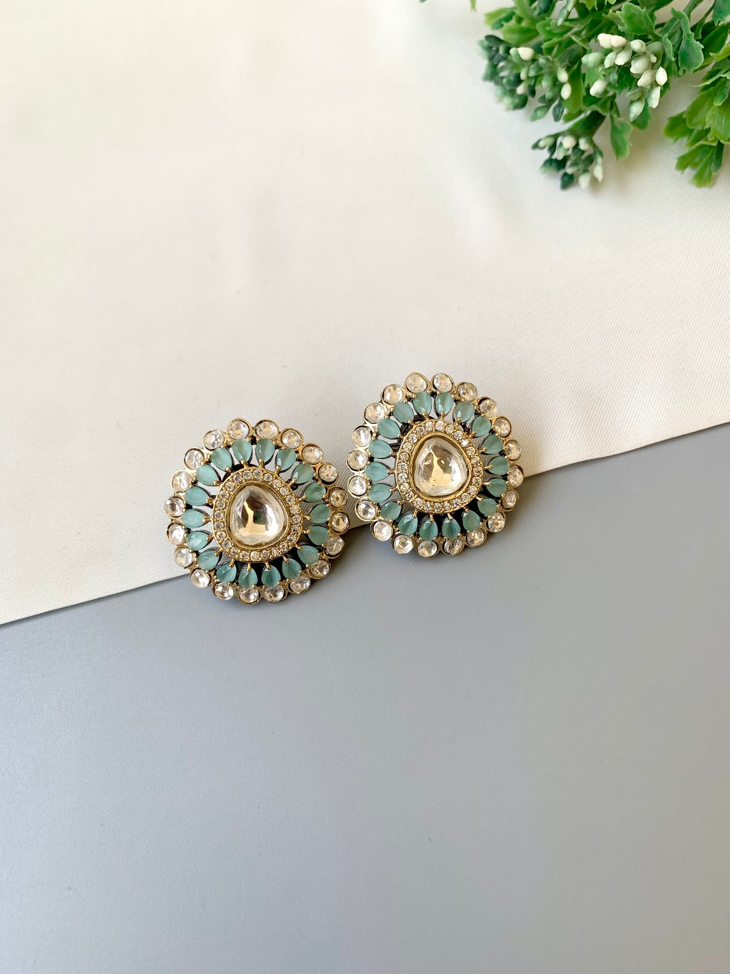 Victorian rose gold polished studs with Polki Kundan, American diamonds and onyx by Zamal