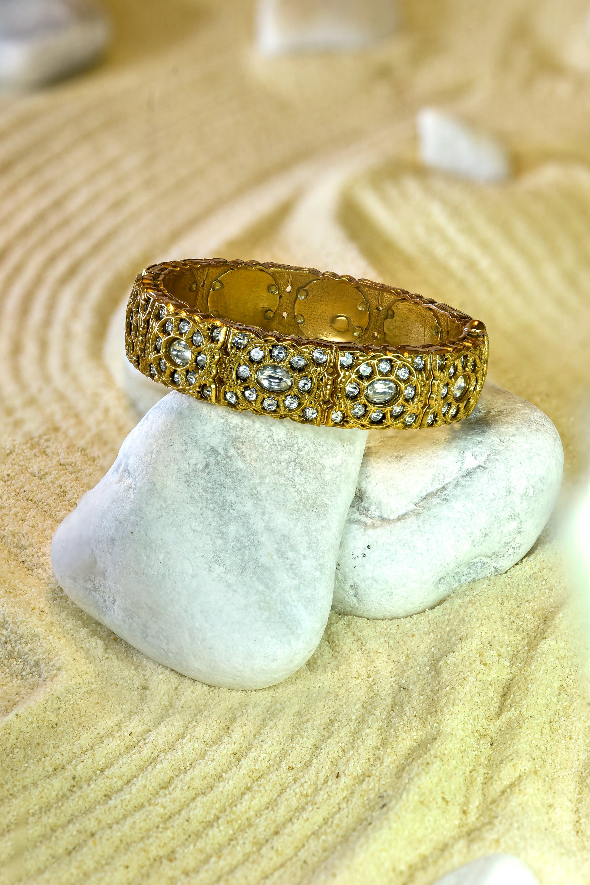 22kt Victorian gold Arika kundan bangle with moissanite stones from Zareen Collection