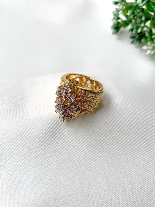 Bold handcrafted gold ring with cluster of American Diamonds by Zamal Jewels