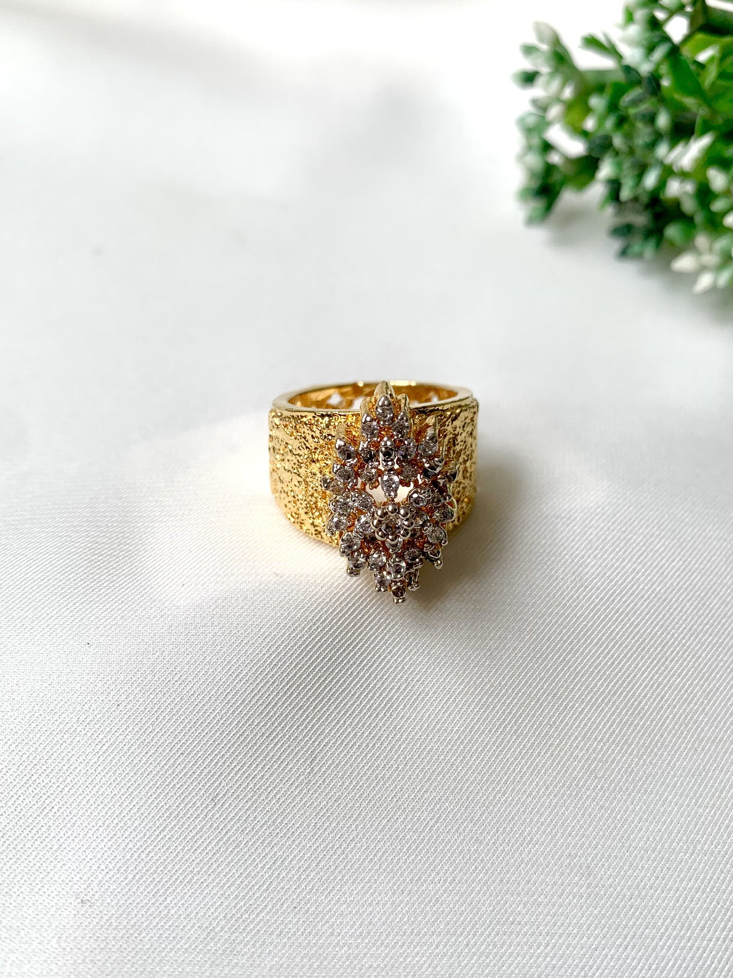 Bold handcrafted gold ring with cluster of American Diamonds by Zamal Jewels