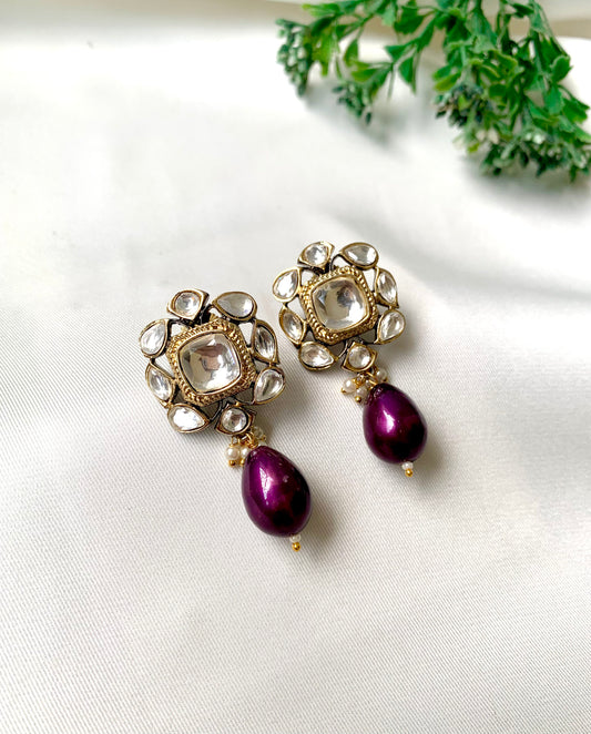 Handcrafted Zareen Earrings in Purple Amethyst Pearl with Polki Kundan stones and Victorian gold finish by Zamal Jewels