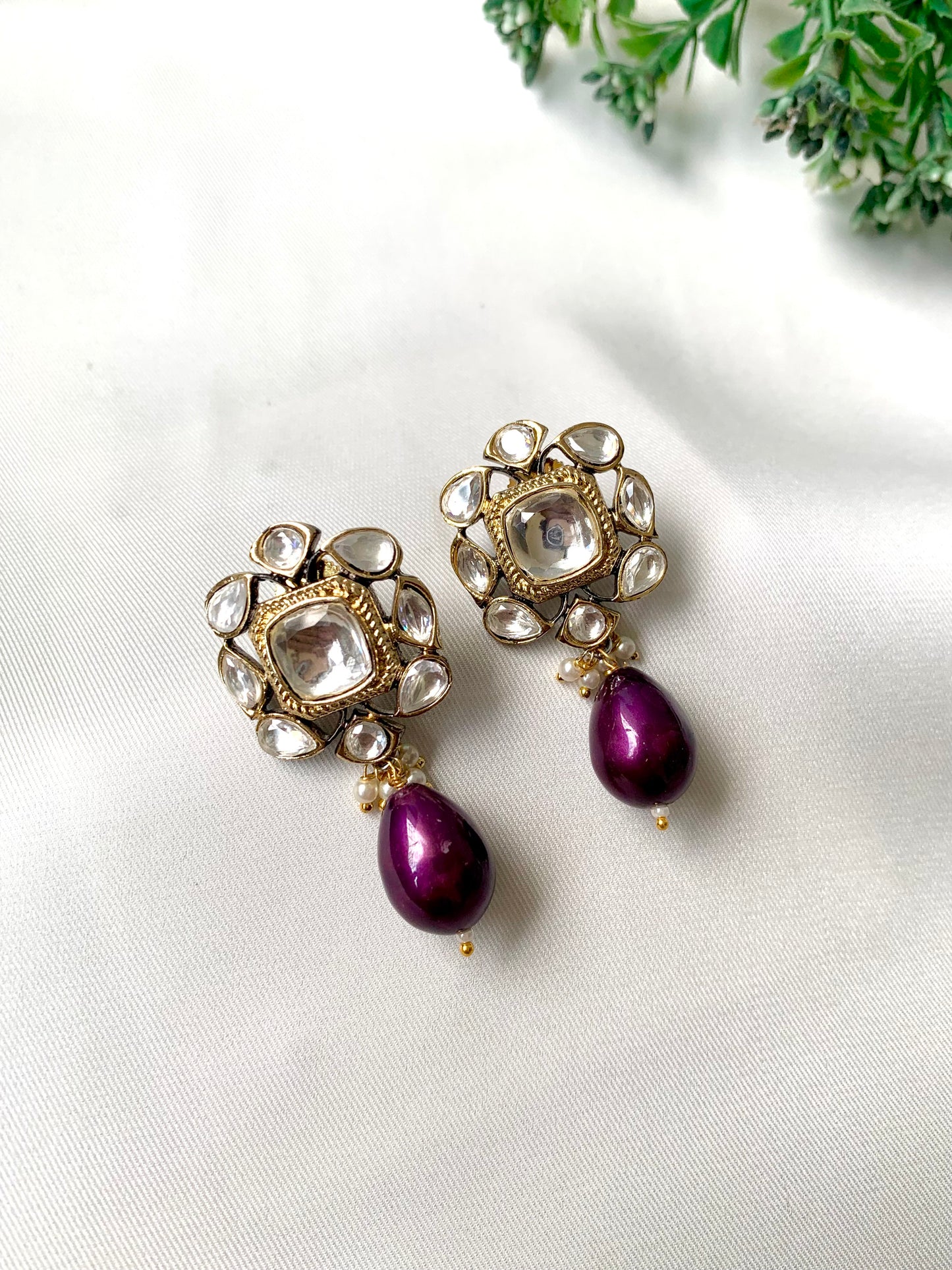Handcrafted Zareen Earrings in Purple Amethyst Pearl with Polki Kundan stones and Victorian gold finish by Zamal Jewels