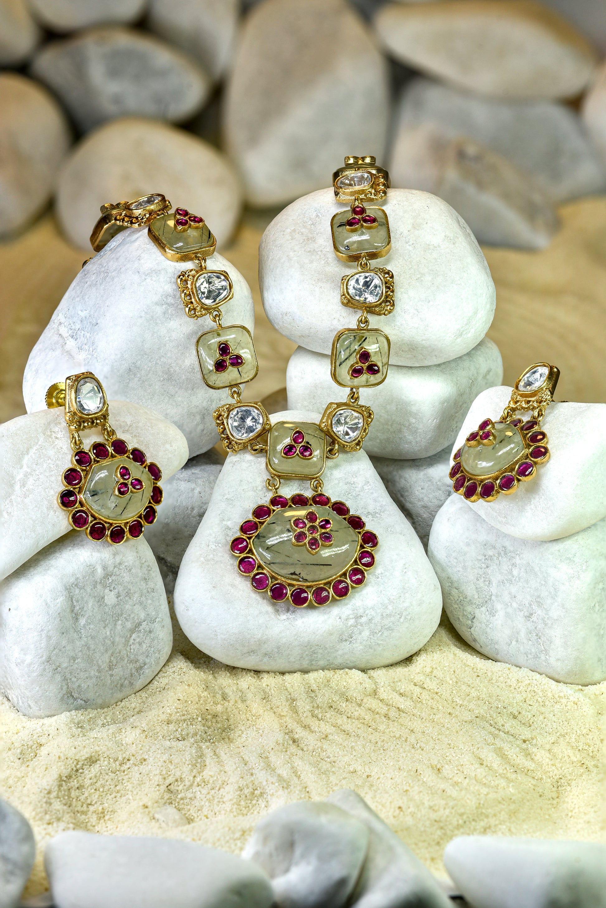 22kt Victorian gold semi-precious stone maala set with kundan and ruby accents from Zareen Collection