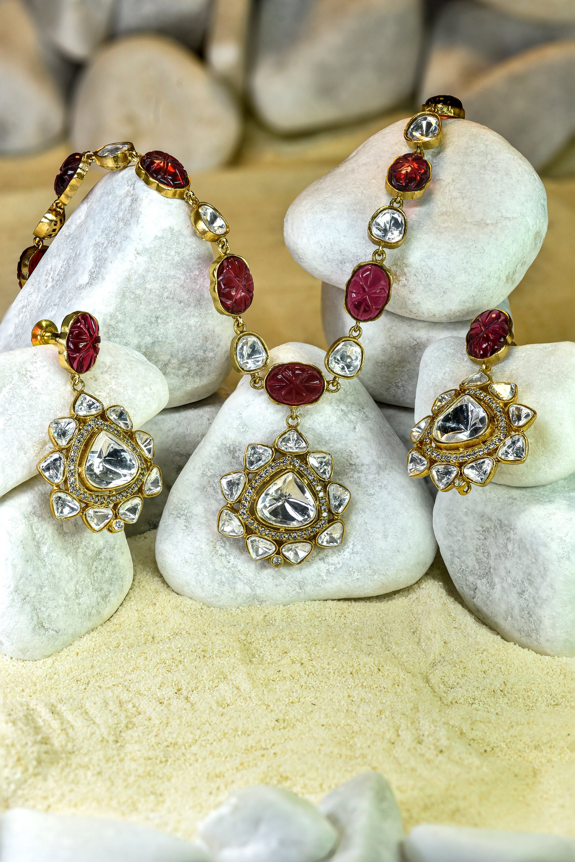 22kt Victorian gold ruby necklace set with moissanite kundan and American diamonds from Zareen Collection