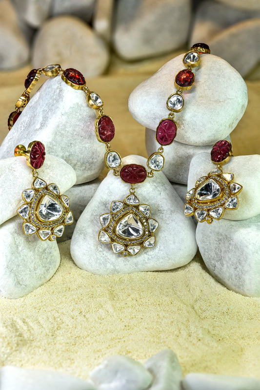 22kt Victorian gold ruby necklace set with moissanite kundan and American diamonds from Zareen Collection