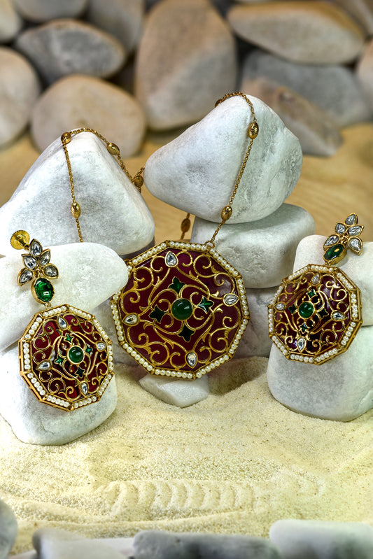Handcrafted ruby meenakari maala set with oversized pendant from Zareen Collection
