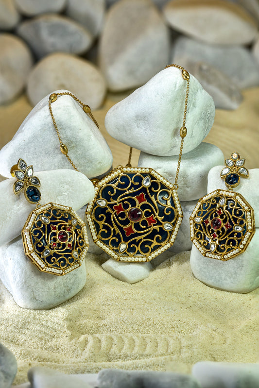 Handcrafted sapphire meenakari maala set with oversized pendant from Zareen Collection