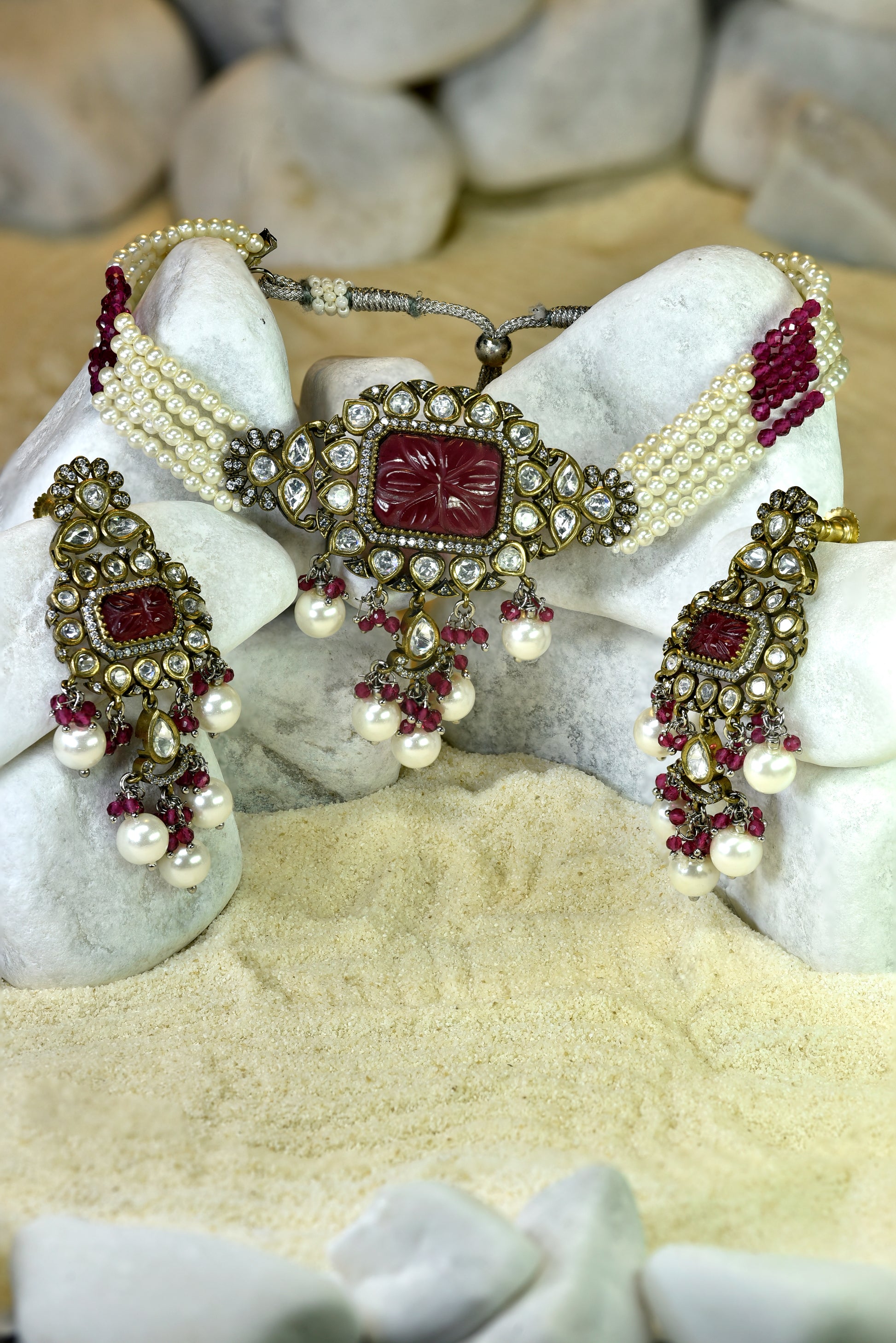 22kt Victorian gold ruby choker set with kundan and layered pearls from Zareen Collection