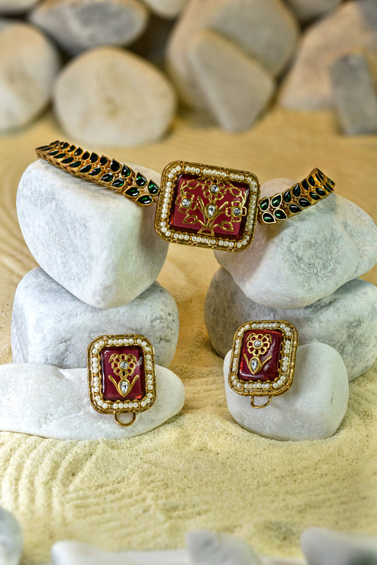 22kt Victorian gold Sia ruby emerald choker set with moissanite kundan and meena work from Zareen Collection