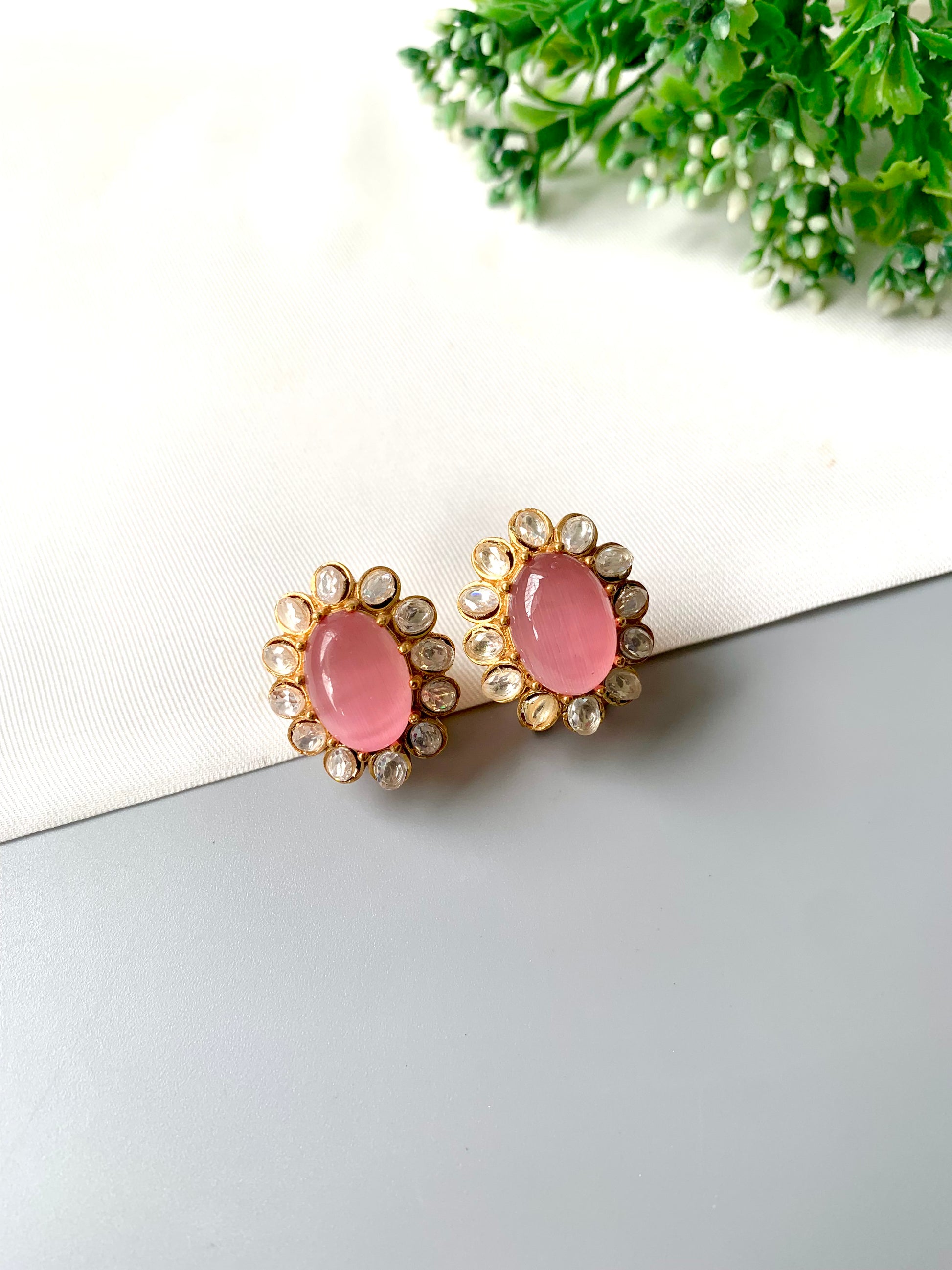 Handcrafted Zarene Studs in Pink Onyx with Polki Kundan and 22kt Victorian Gold Plating