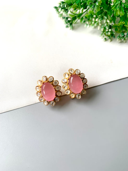 Handcrafted Zarene Studs in Pink Onyx with Polki Kundan and 22kt Victorian Gold Plating