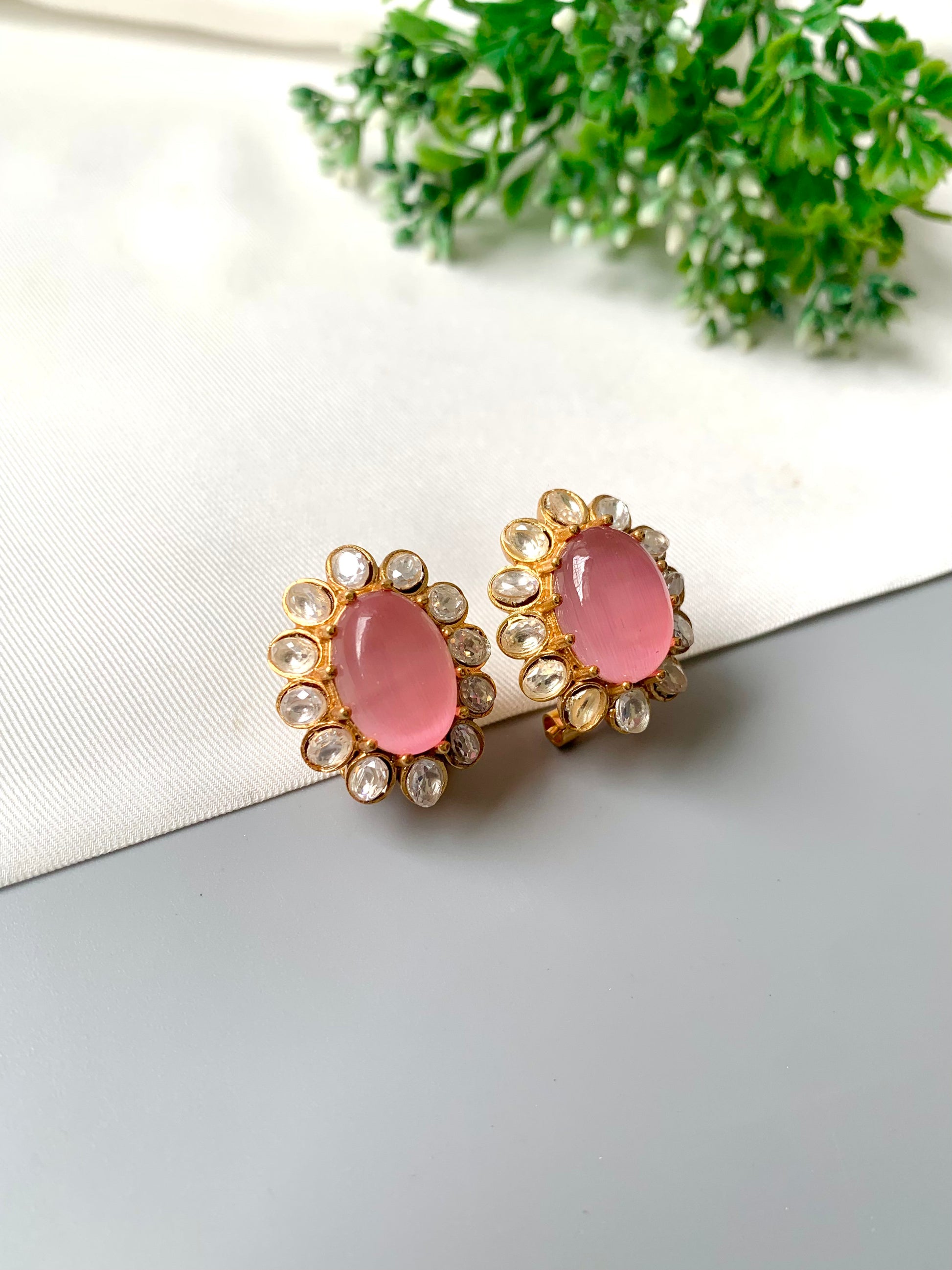 Handcrafted Zarene Studs in Pink Onyx with Polki Kundan and 22kt Victorian Gold Plating