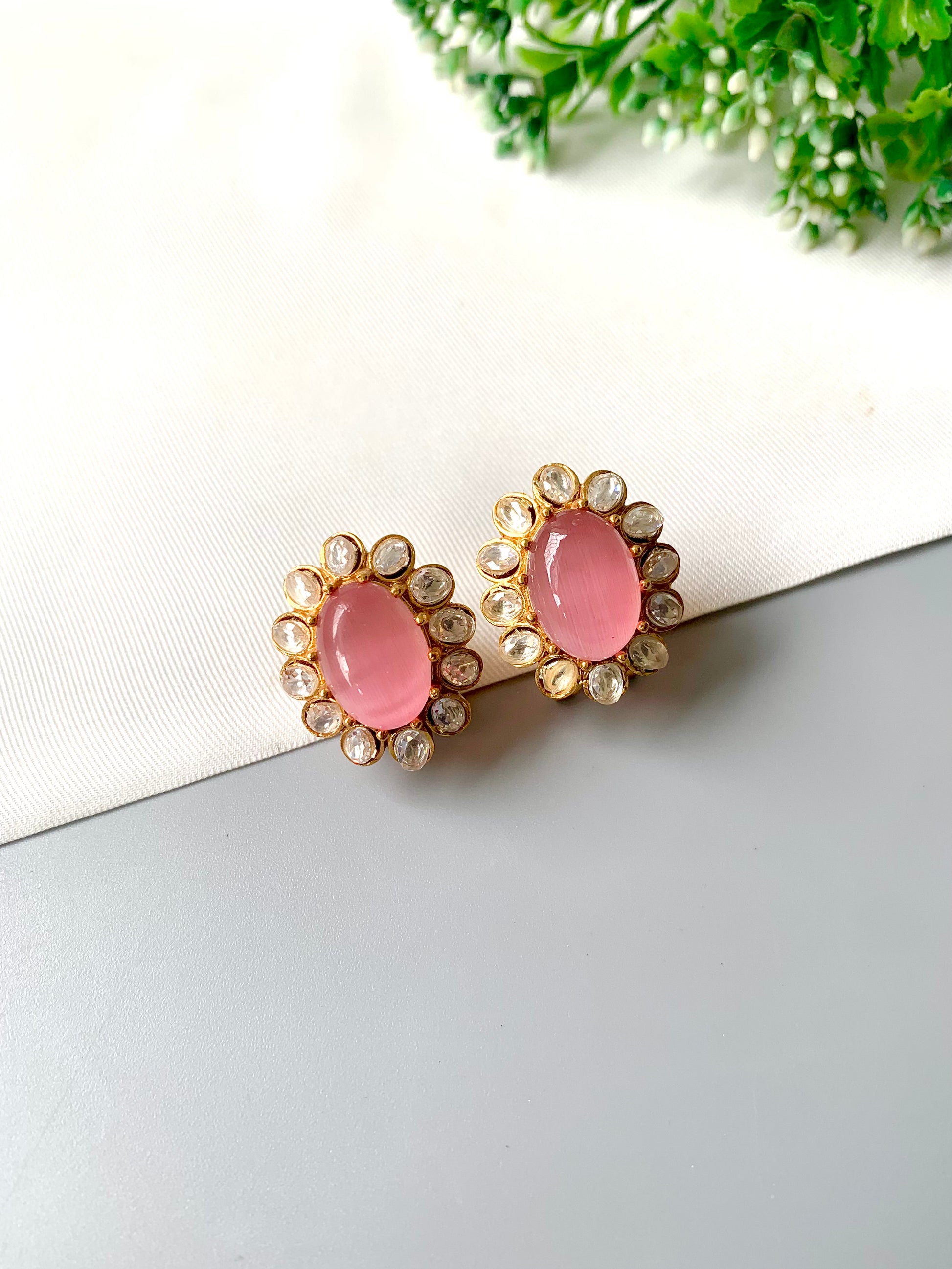 Handcrafted Zarene Studs in Pink Onyx with Polki Kundan and 22kt Victorian Gold Plating