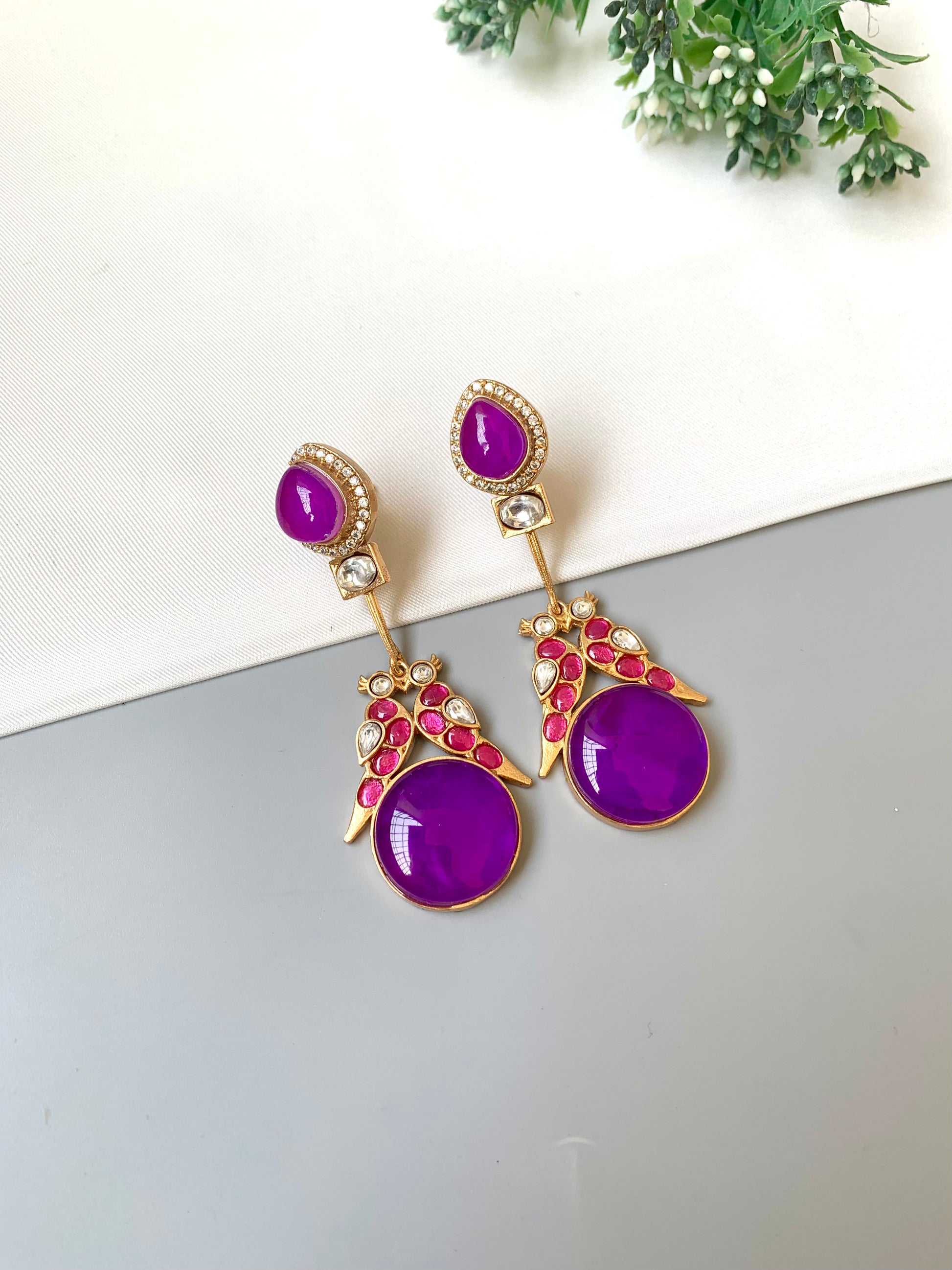 Zariel amethyst designer earrings in Victorian gold plating with moissanite kundan and ruby accents