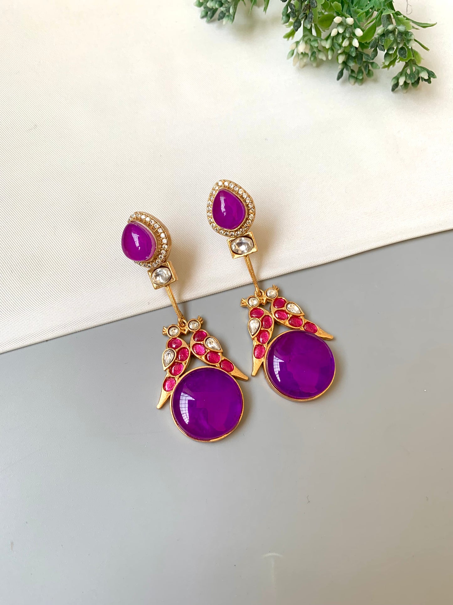 Zariel amethyst designer earrings in Victorian gold plating with moissanite kundan and ruby accents