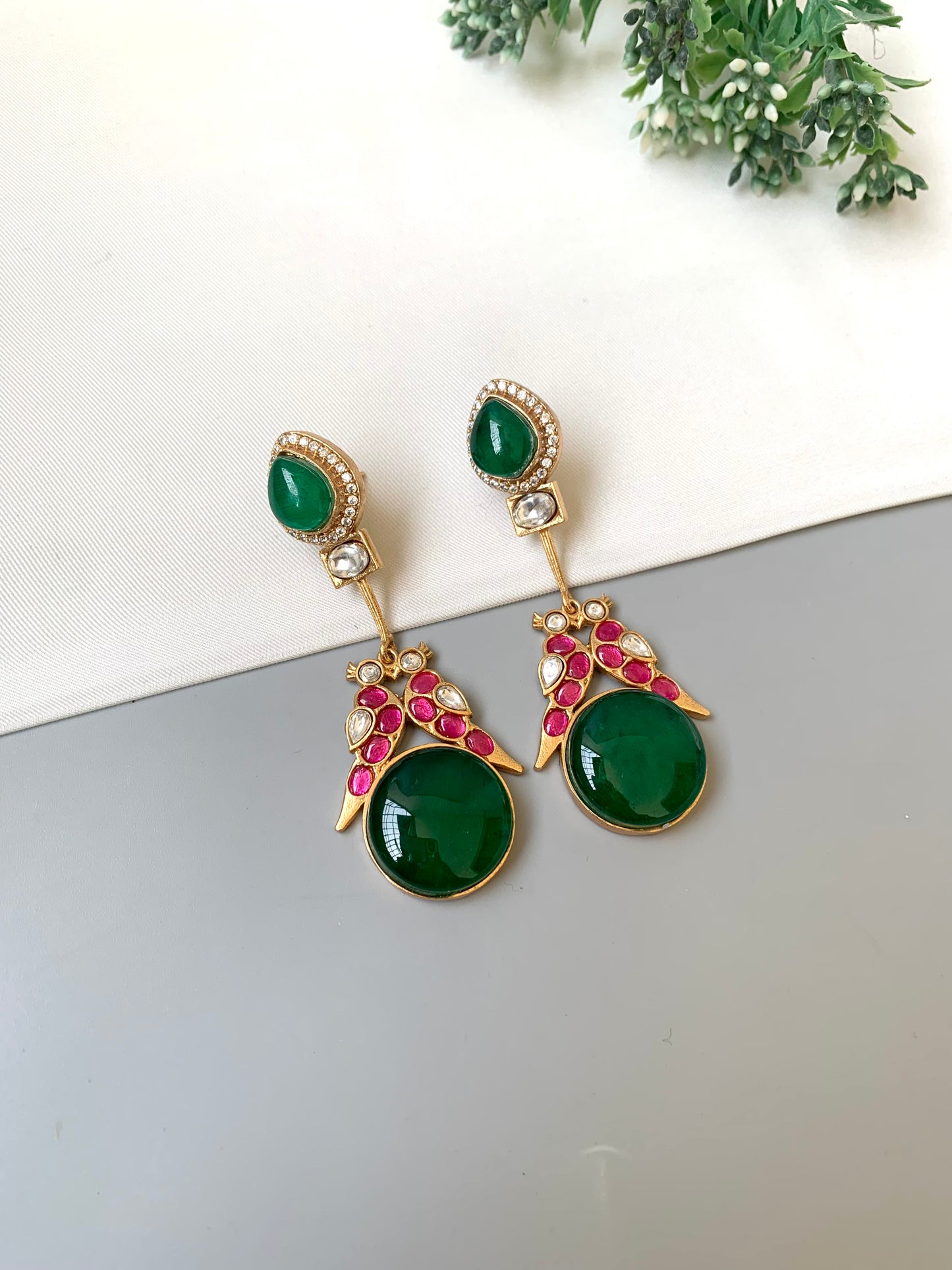 Zariel emerald designer earrings in Victorian gold plating with moissanite kundan and ruby accents