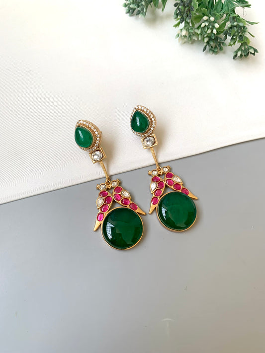 Zariel emerald designer earrings in Victorian gold plating with moissanite kundan and ruby accents