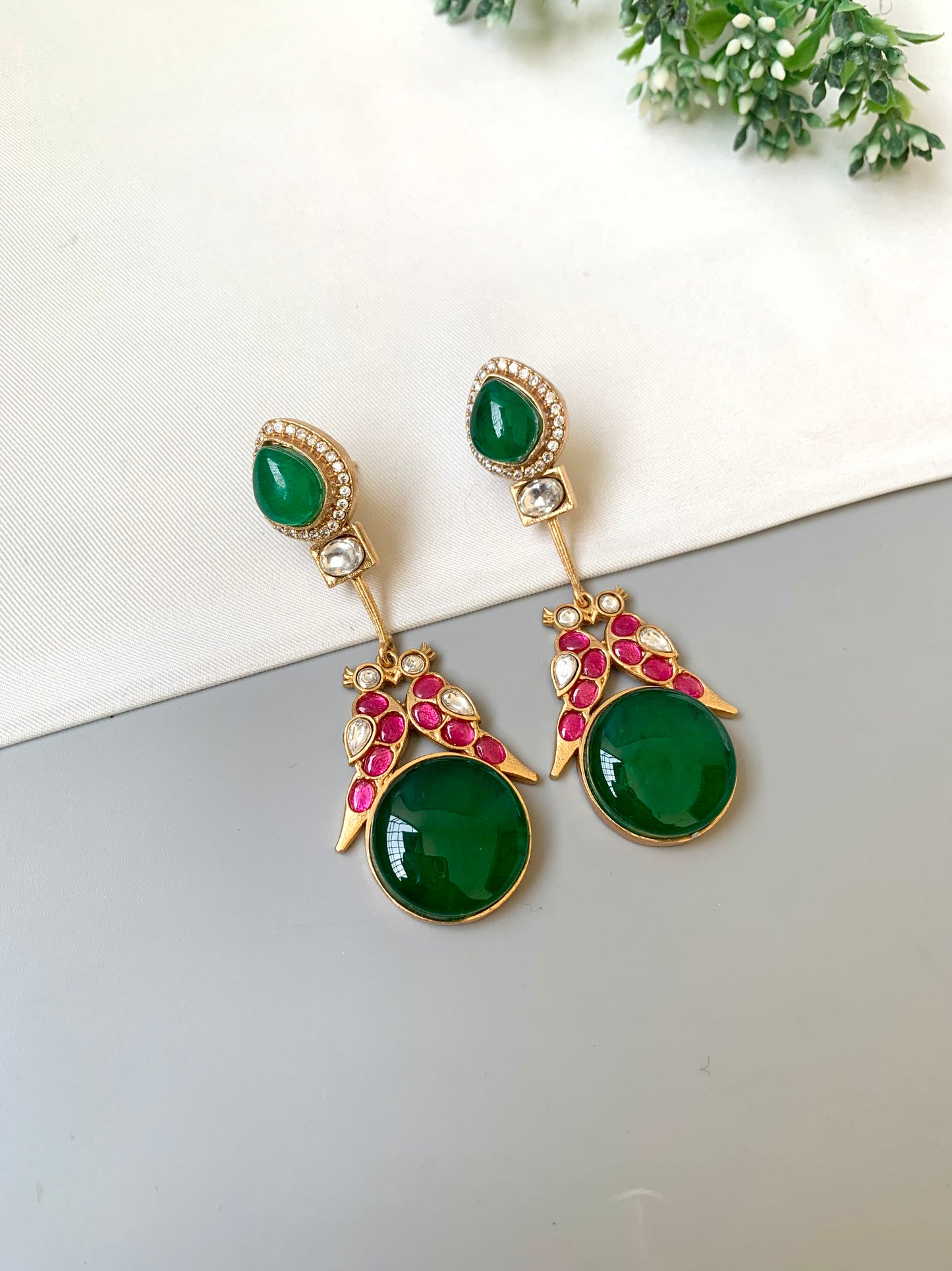 Zariel emerald designer earrings in Victorian gold plating with moissanite kundan and ruby accents